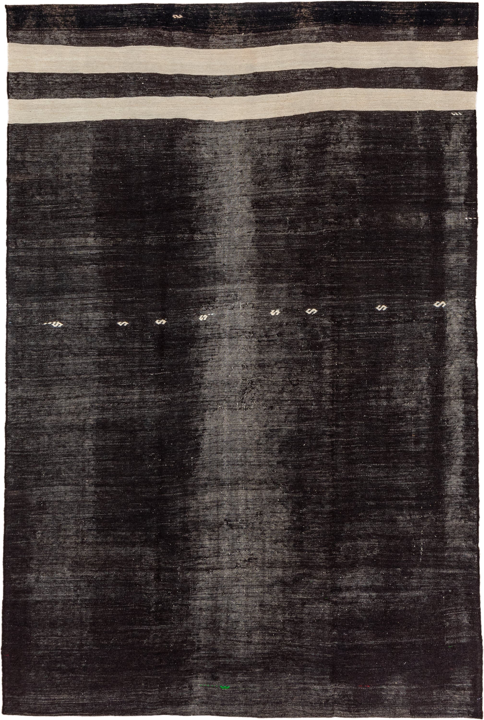 7' x 11' one-of-a-kind handmade vintage Kilim large size rug. Color palette: charcoal, ivory, black, gray