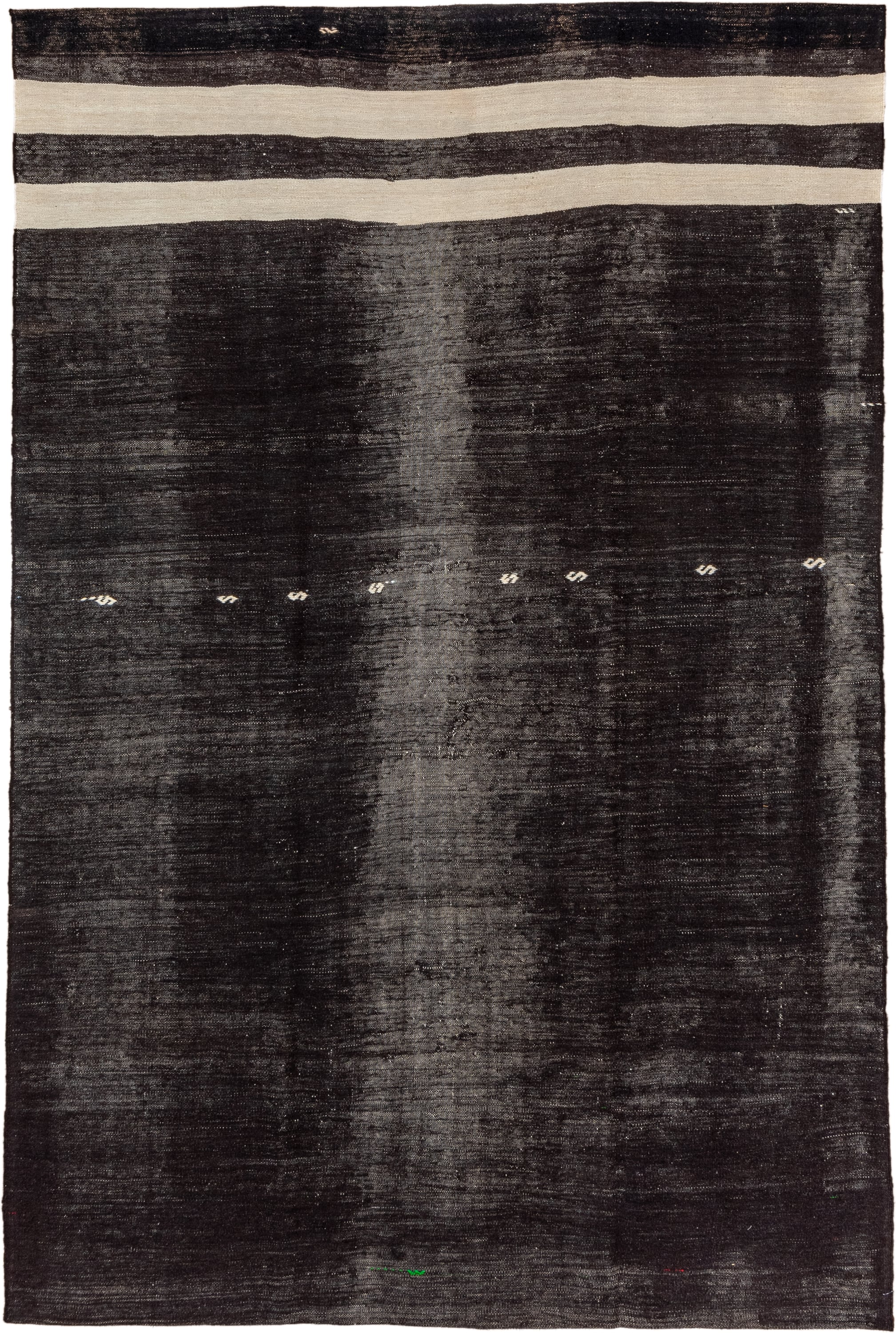 7' x 11' one-of-a-kind handmade vintage Kilim large size rug. Color palette: charcoal, ivory, black, gray