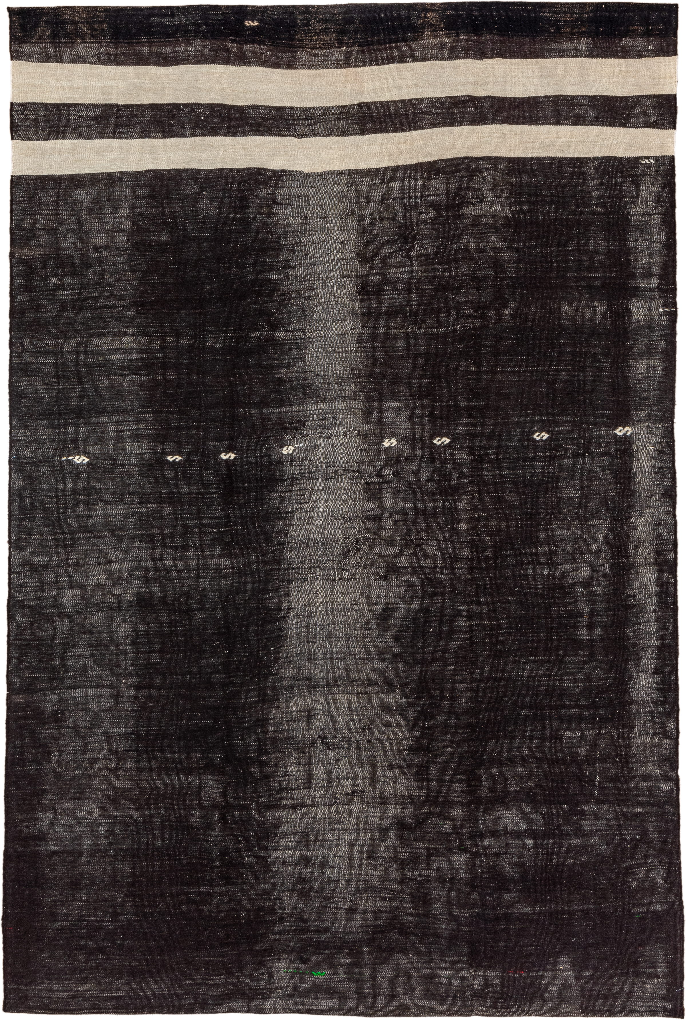 7' x 11' one-of-a-kind handmade vintage Kilim large size rug. Color palette: charcoal, ivory, black, gray