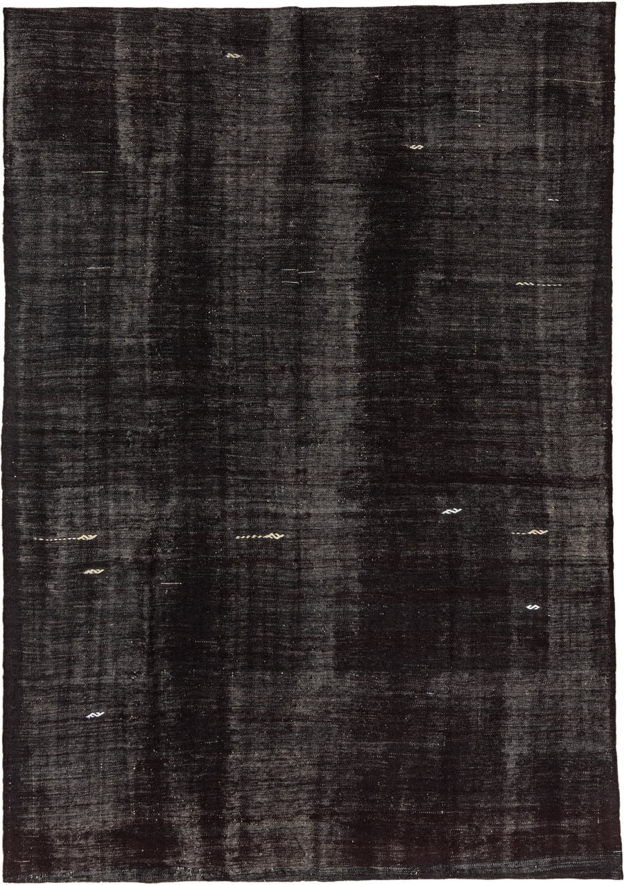 7' x 10' one-of-a-kind handmade vintage Kilim large size rug. Color palette: charcoal, black, slate, ivory, gray