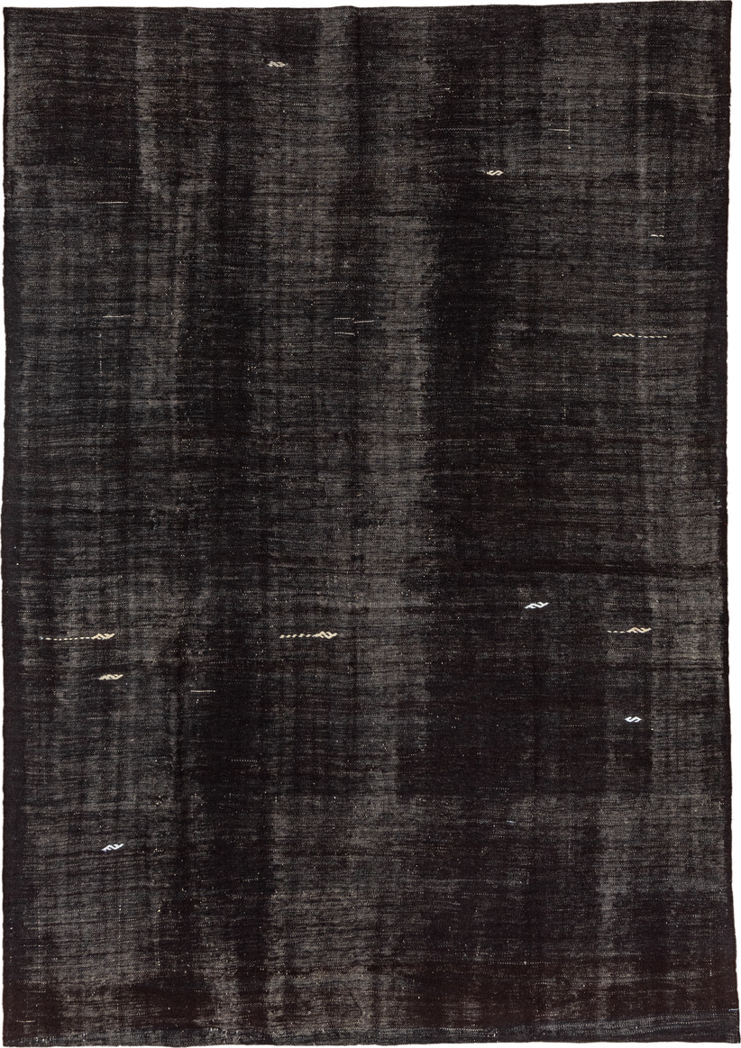 7' x 10' one-of-a-kind handmade vintage Kilim large size rug. Color palette: charcoal, black, slate, ivory, gray
