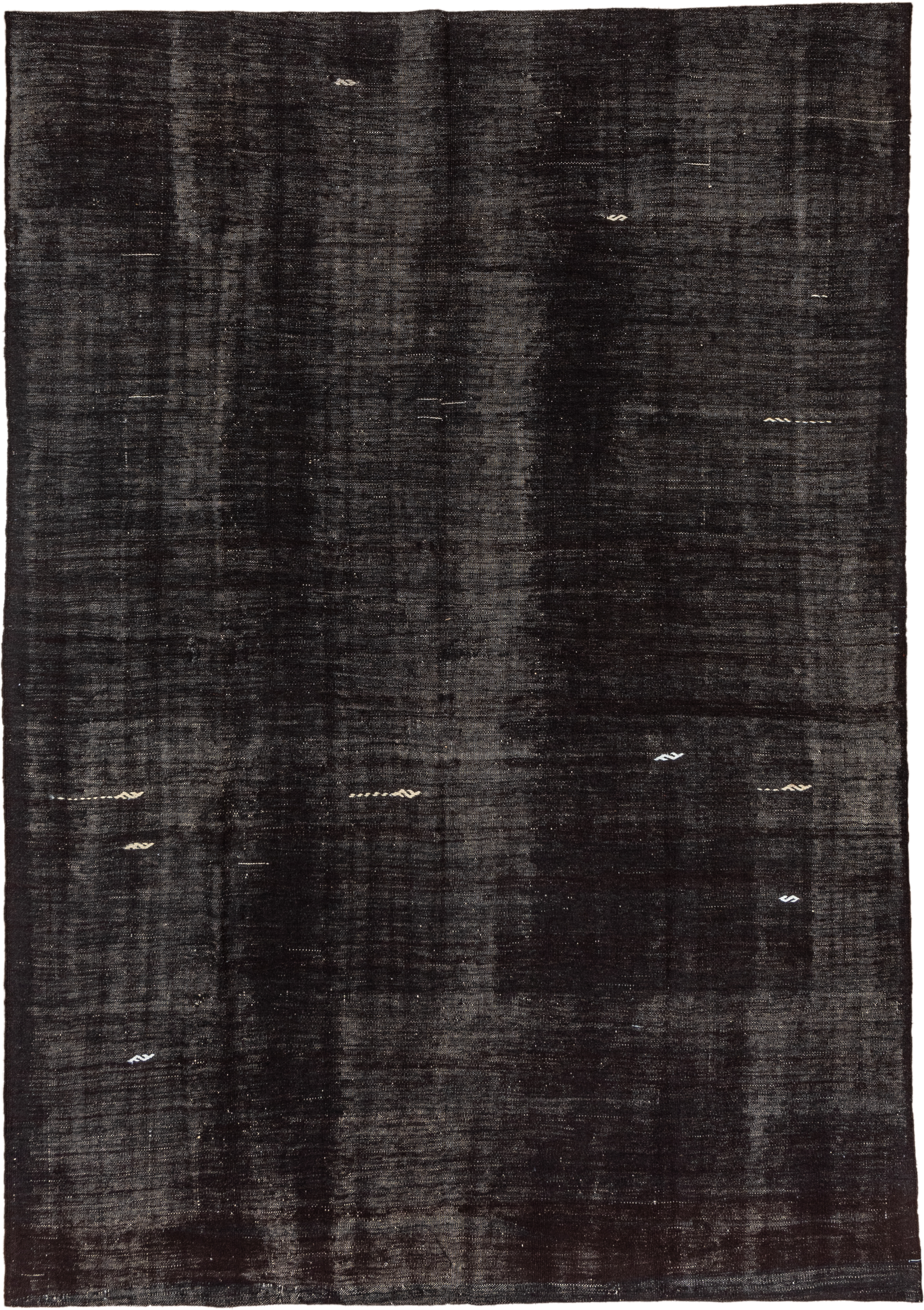 7' x 10' one-of-a-kind handmade vintage Kilim large size rug. Color palette: charcoal, black, slate, ivory, gray