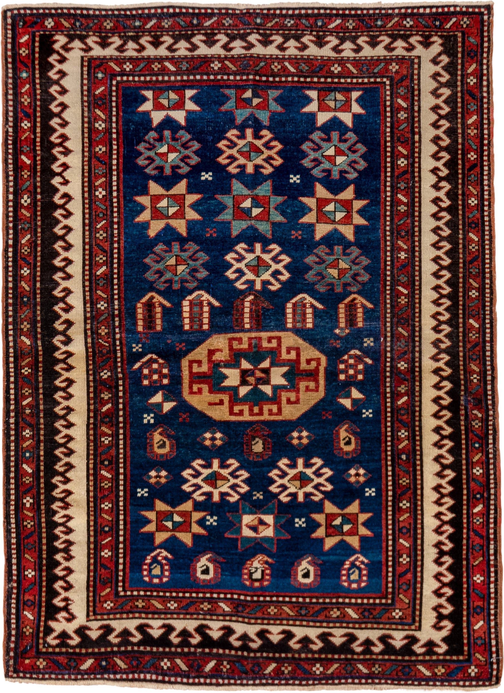 3' x 4' one-of-a-kind handmade vintage Shirvan small size rug. Color palette: blue, ivory, rust, brown, crimson, teal, camel