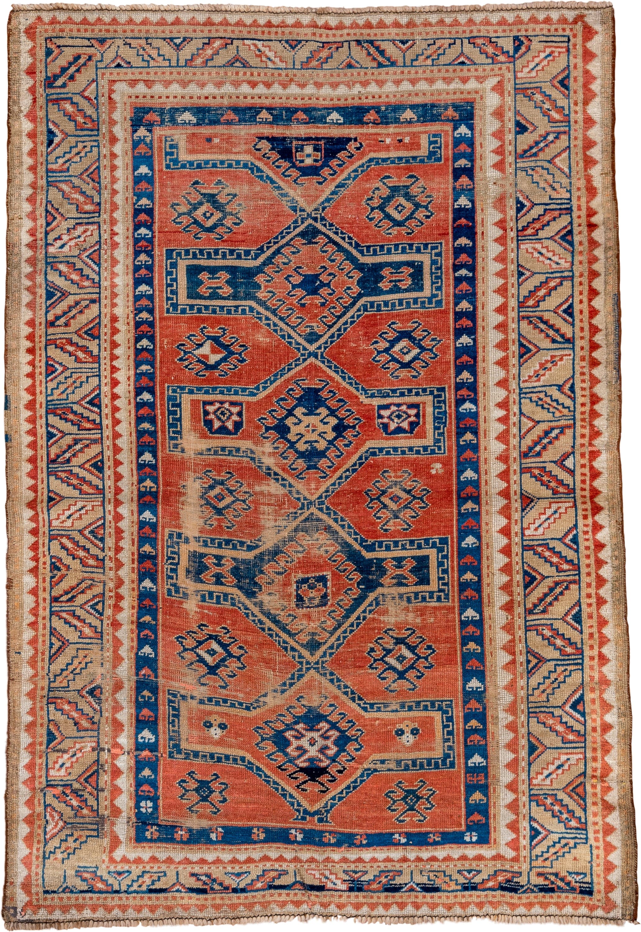 4' x 6' one-of-a-kind handmade vintage Shirvan small size rug. Color palette: terra cotta, ivory, navy, rust, cream, indigo