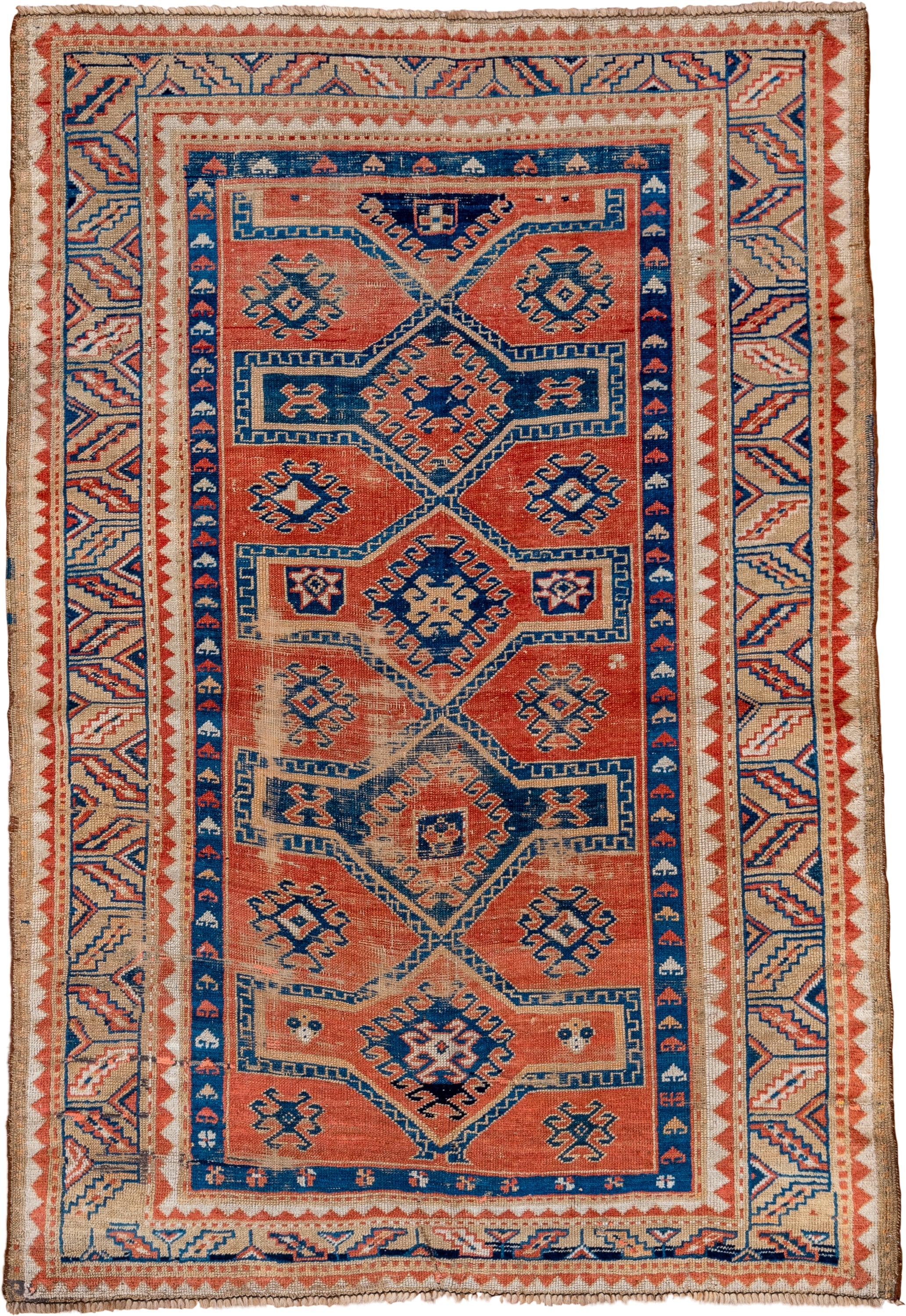 4' x 6' one-of-a-kind handmade vintage Shirvan small size rug. Color palette: terra cotta, ivory, navy, rust, cream, indigo