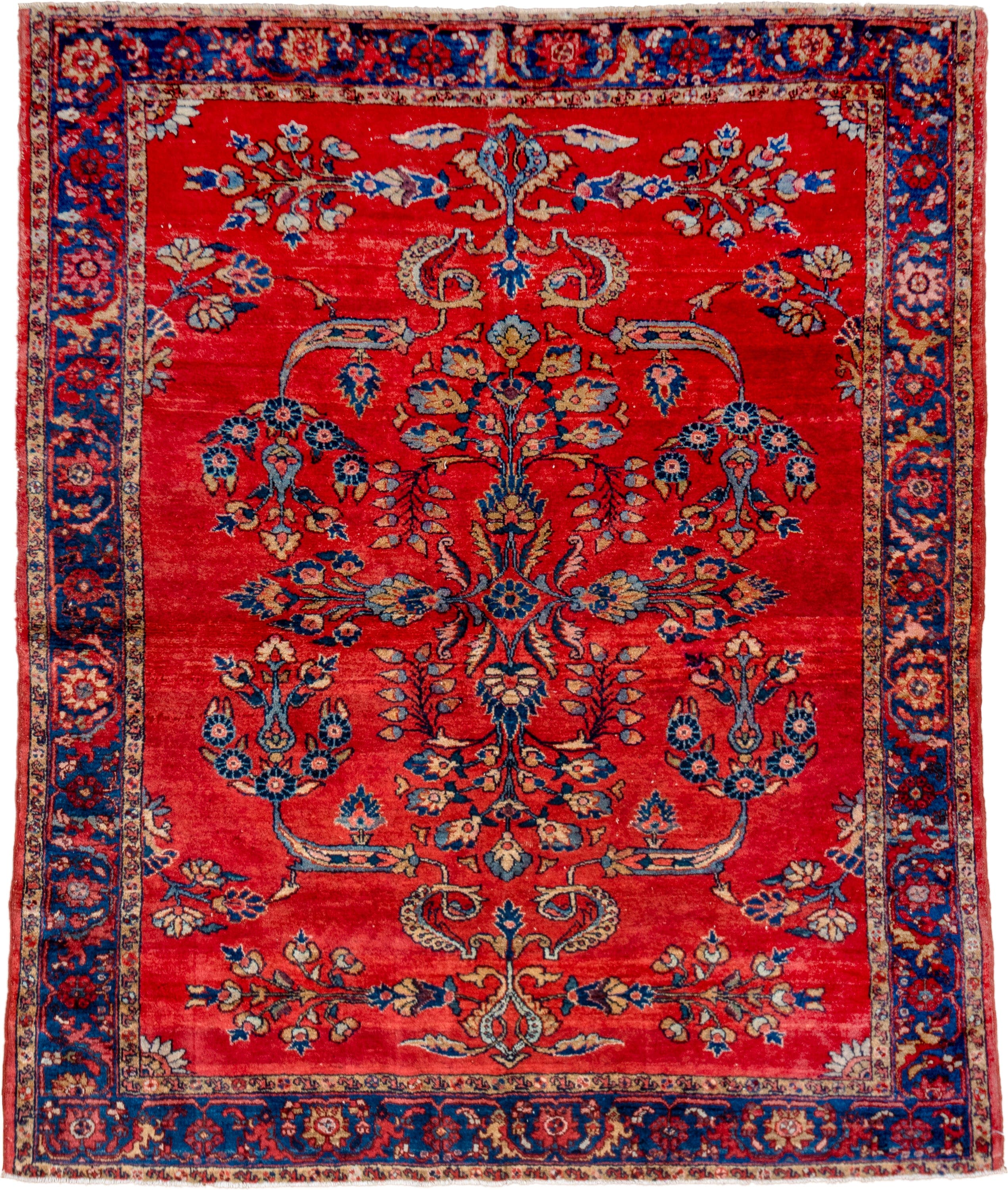 5' x 6' one-of-a-kind handmade vintage Lilian rug. Color palette: red, navy, ivory, sky_blue, rose, camel, blue, light blue