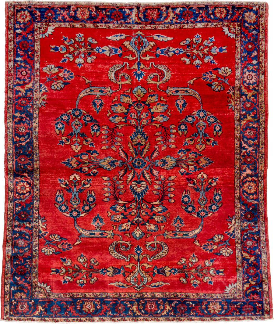 5' x 6' one-of-a-kind handmade vintage Lilian rug. Color palette: red, navy, ivory, sky_blue, rose, camel, blue, light blue