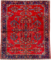5' x 6' one-of-a-kind handmade vintage Lilian rug. Color palette: red, navy, ivory, sky_blue, rose, camel, blue, light blue