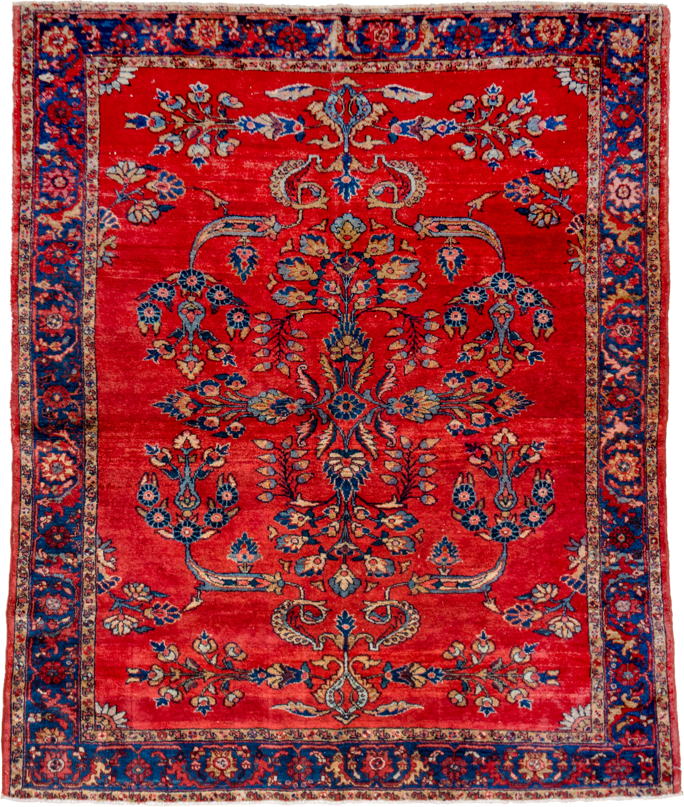 5' x 6' one-of-a-kind handmade vintage Lilian rug. Color palette: red, navy, ivory, sky_blue, rose, camel, blue, light blue