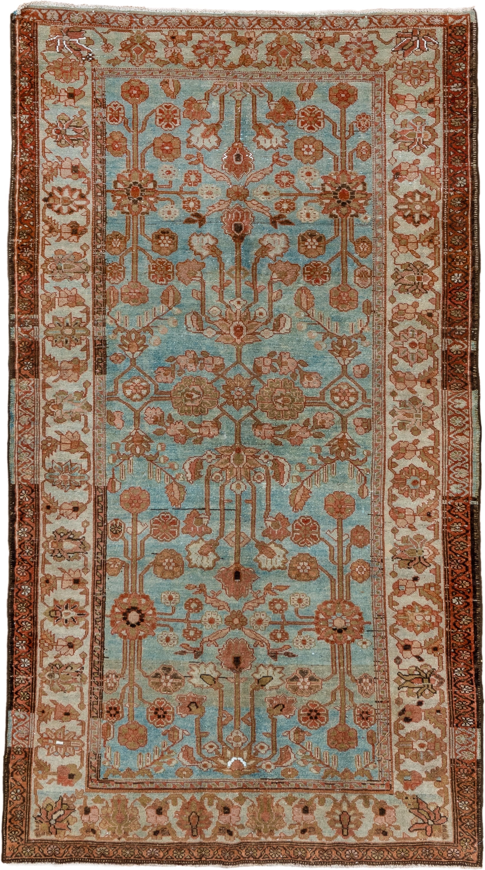 5' x 9' one-of-a-kind handmade vintage Lilian medium size rug. Color palette: light blue, ivory, rust, camel, taupe, brown