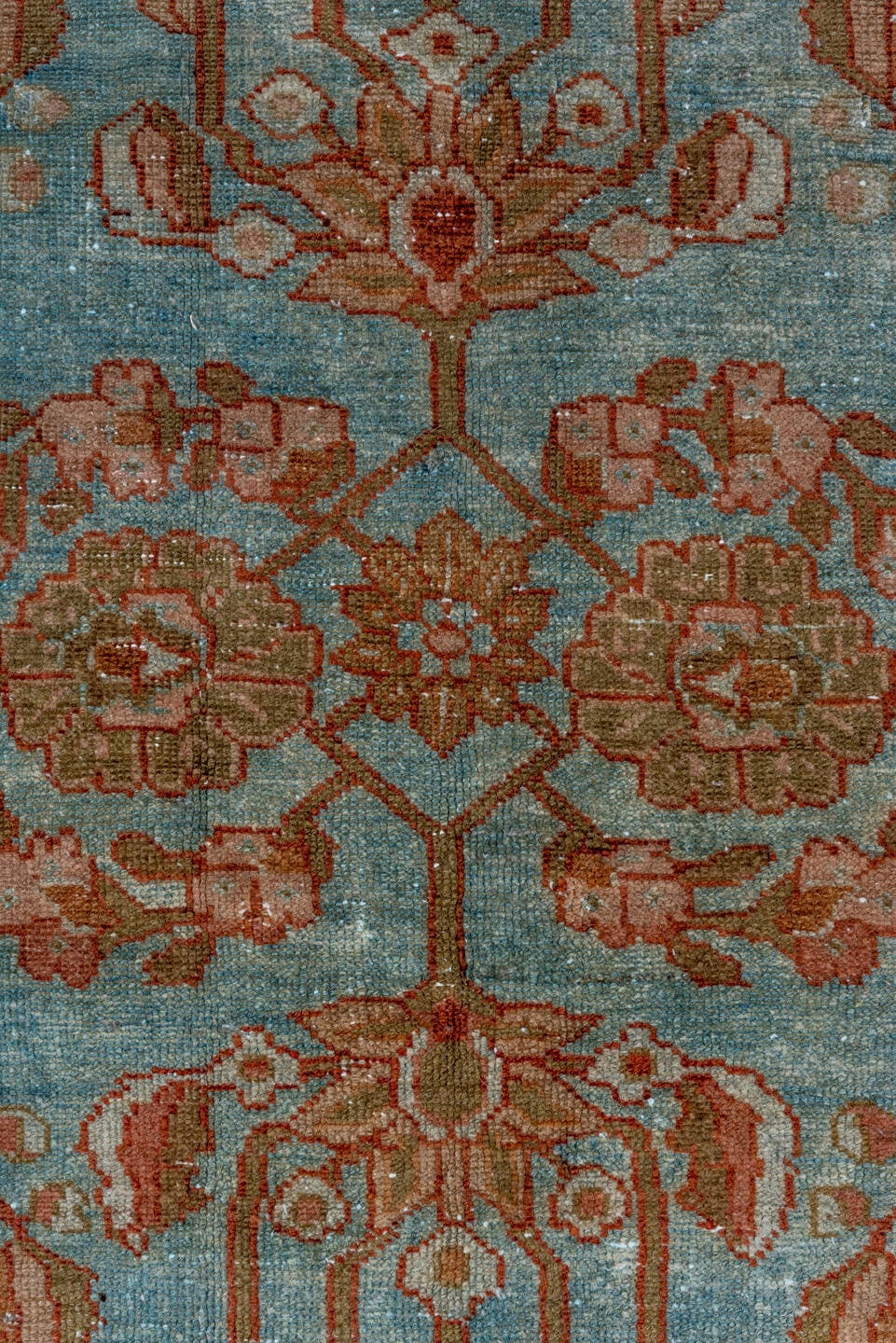 5' x 9' one-of-a-kind handmade vintage Lilian medium size rug. Color palette: light blue, ivory, rust, camel, taupe, brown