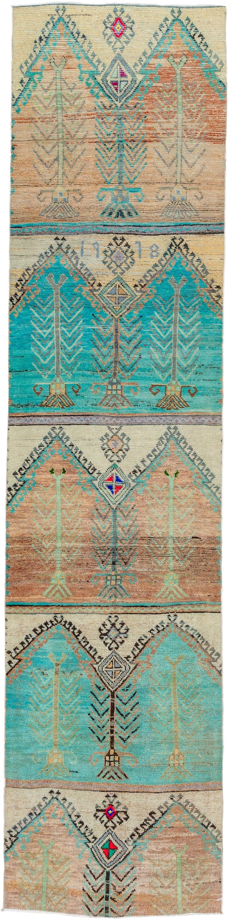 2' x 12' one-of-a-kind handmade vintage Oushak runner rug. Color palette: aqua, ivory, camel, taupe, charcoal, coral