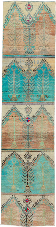 2' x 12' one-of-a-kind handmade vintage Oushak runner rug. Color palette: aqua, ivory, camel, taupe, charcoal, coral