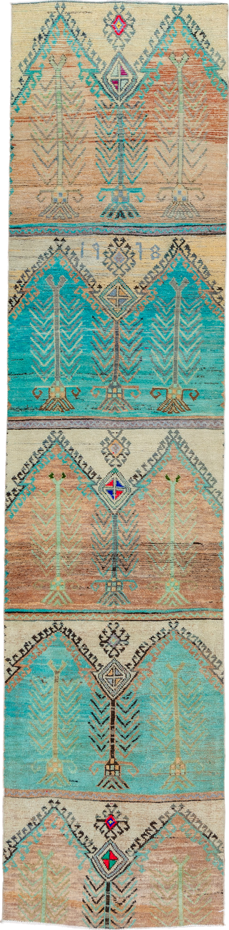 2' x 12' one-of-a-kind handmade vintage Oushak runner rug. Color palette: aqua, ivory, camel, taupe, charcoal, coral