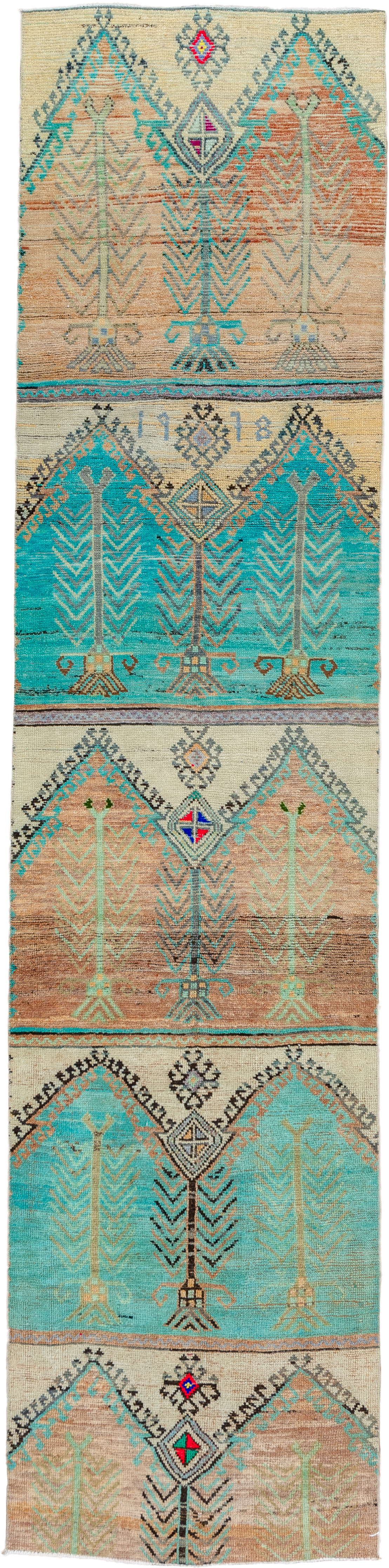 2' x 12' one-of-a-kind handmade vintage Oushak runner rug. Color palette: aqua, ivory, camel, taupe, charcoal, coral