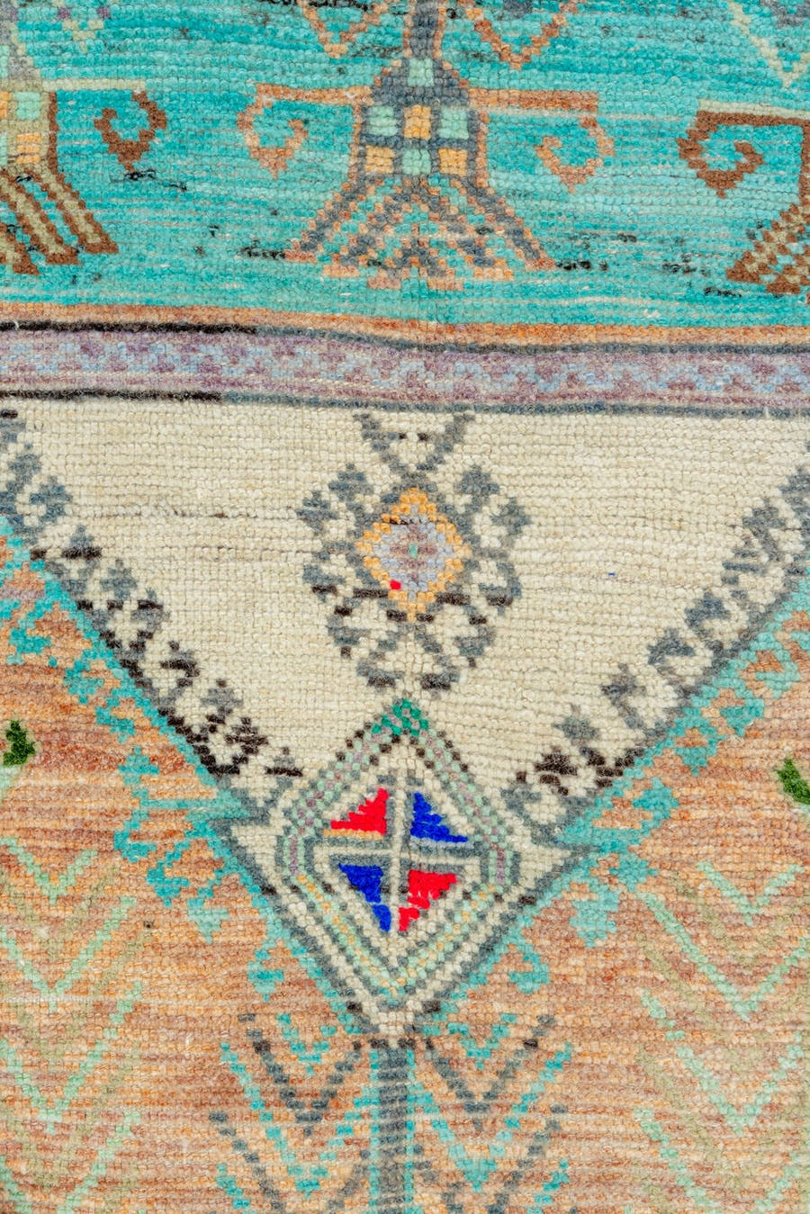 2' x 12' one-of-a-kind handmade vintage Oushak runner rug. Color palette: aqua, ivory, camel, taupe, charcoal, coral