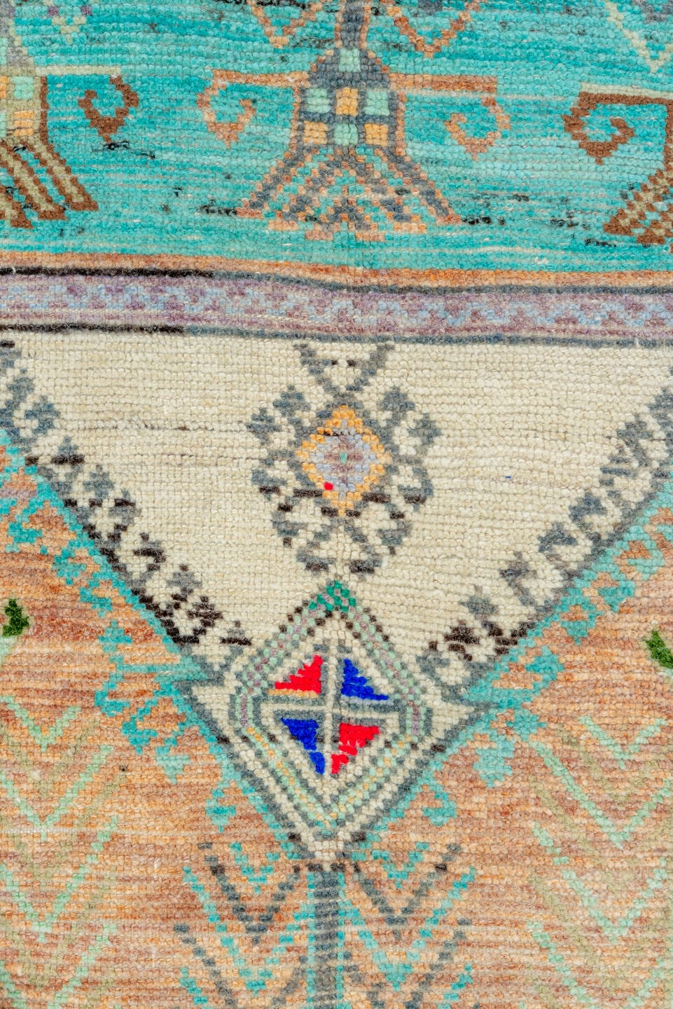 2' x 12' one-of-a-kind handmade vintage Oushak runner rug. Color palette: aqua, ivory, camel, taupe, charcoal, coral