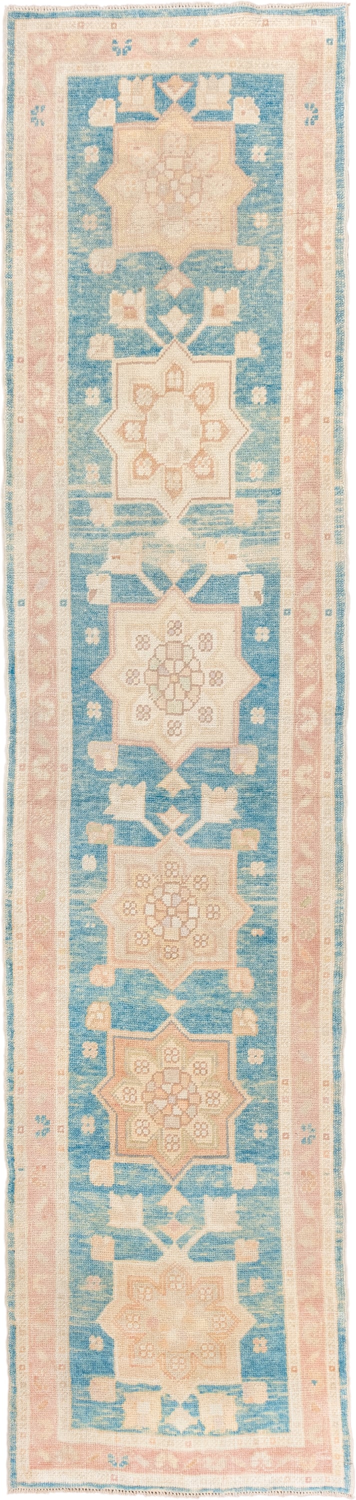 3' x 13' one-of-a-kind handmade vintage Oushak runner rug. Color palette: sky blue, blush, ivory, cream, peach, light blue