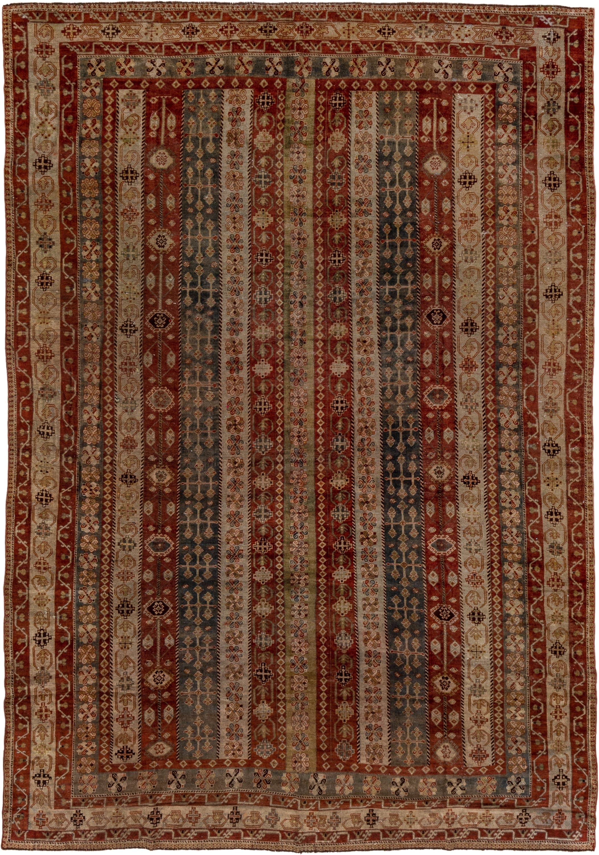 7' x 11' one-of-a-kind handmade vintage Shiraz large size rug. Color palette: rust, ivory, slate, camel, taupe, brown