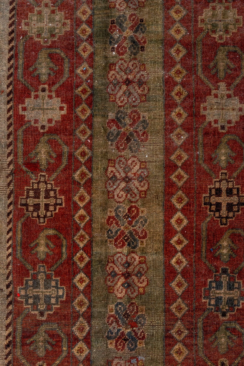 7' x 11' one-of-a-kind handmade vintage Shiraz large size rug. Color palette: rust, ivory, slate, camel, taupe, brown