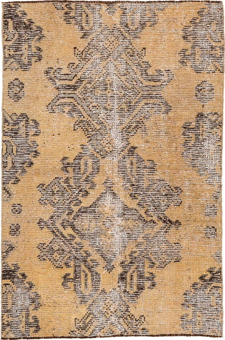 3' x 4' one-of-a-kind handmade vintage Oushak small size rug. Color palette: camel, brown, taupe, ivory, beige, gray