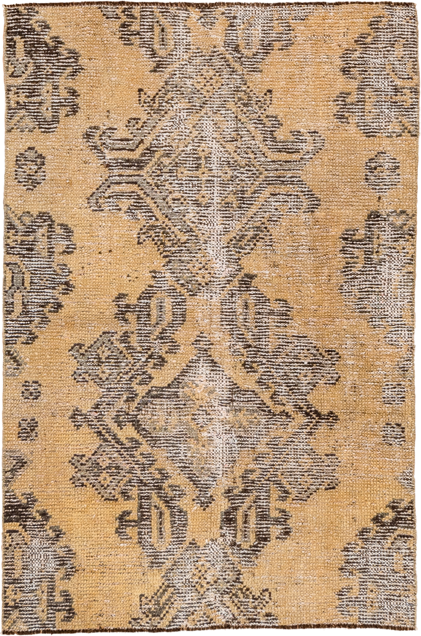 3' x 4' one-of-a-kind handmade vintage Oushak small size rug. Color palette: camel, brown, taupe, ivory, beige, gray