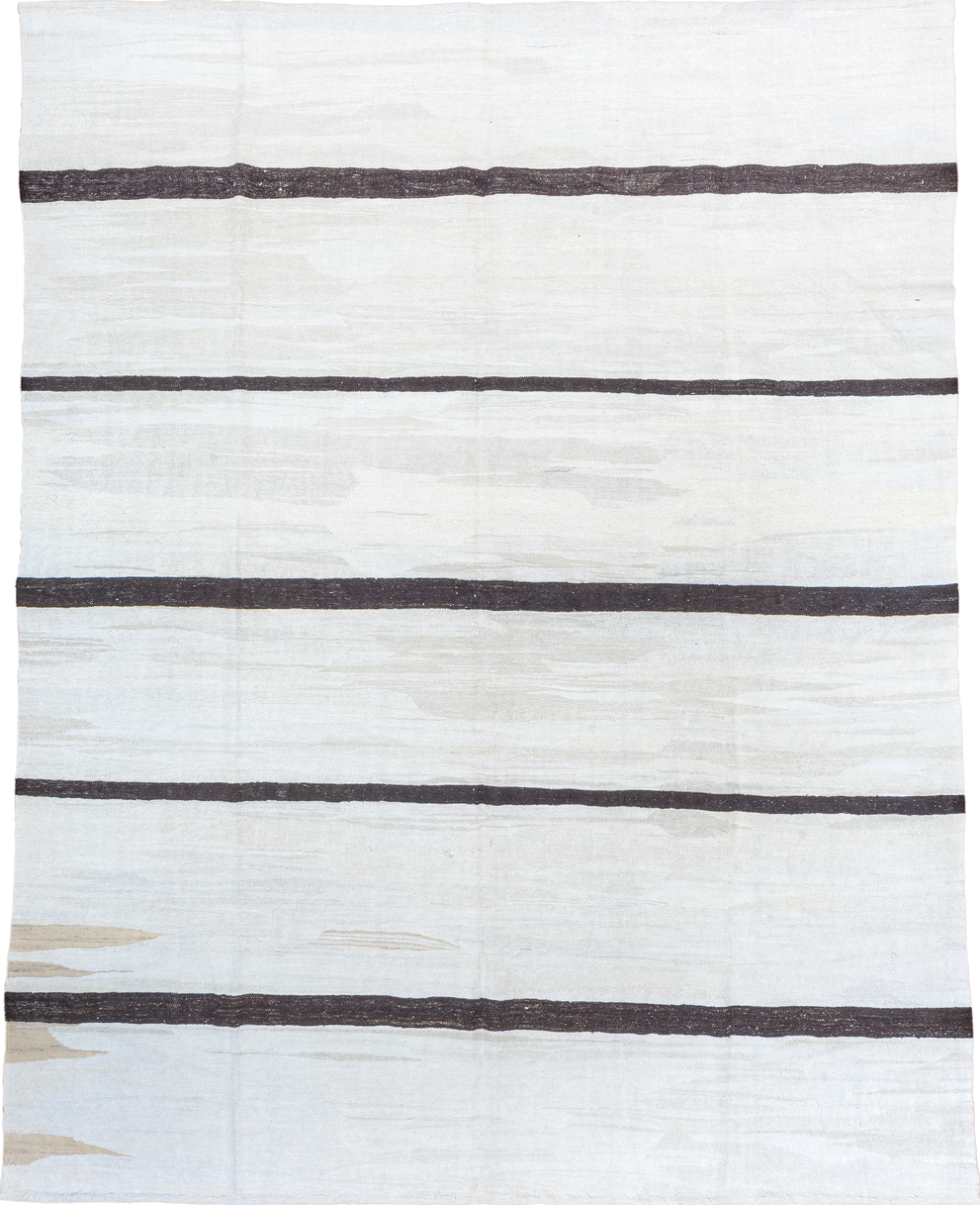 10' x 12' one-of-a-kind handmade vintage Kilim large size rug. Color palette: ivory, charcoal, taupe, gray, black, beige