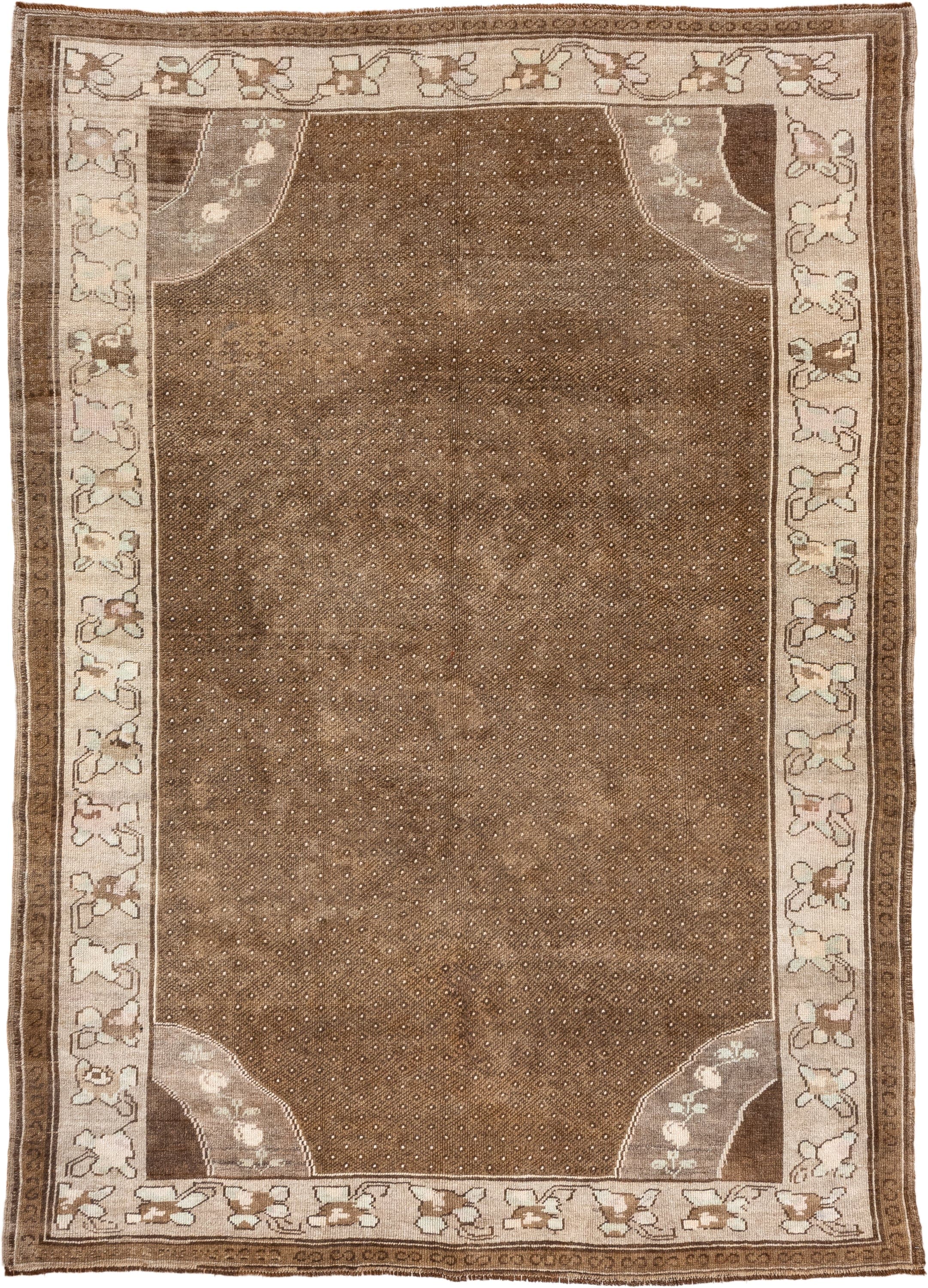 7' x 10' one-of-a-kind handmade vintage Kars large size rug. Color palette: brown, ivory, taupe, camel, beige, gray