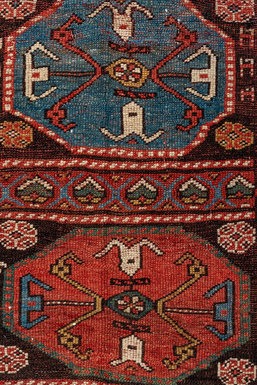 3' x 12' one-of-a-kind handmade vintage Kurd runner rug. Color palette: rust, ivory, camel, sky blue, navy, coral, brown