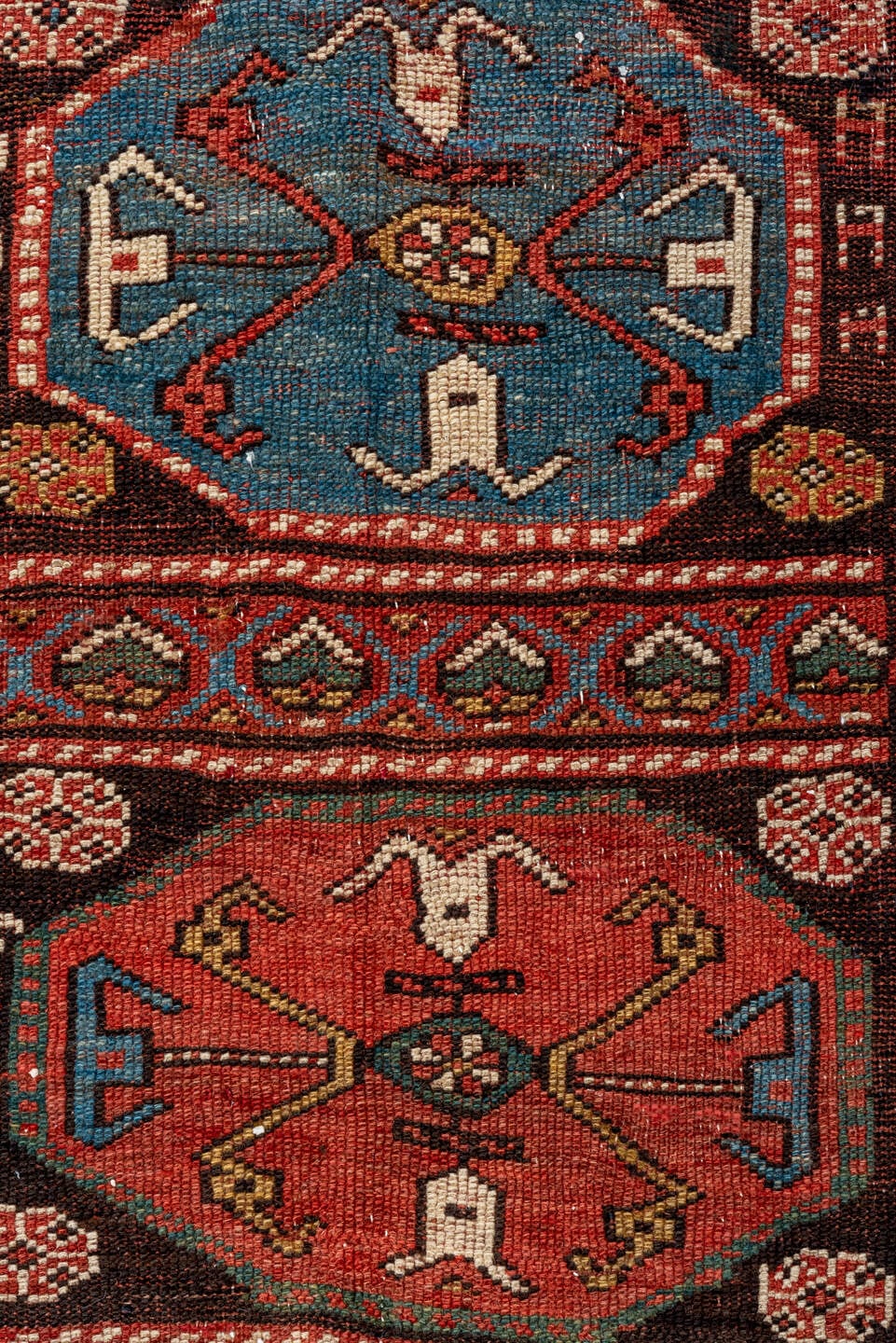 3' x 12' one-of-a-kind handmade vintage Kurd runner rug. Color palette: rust, ivory, camel, sky blue, navy, coral, brown