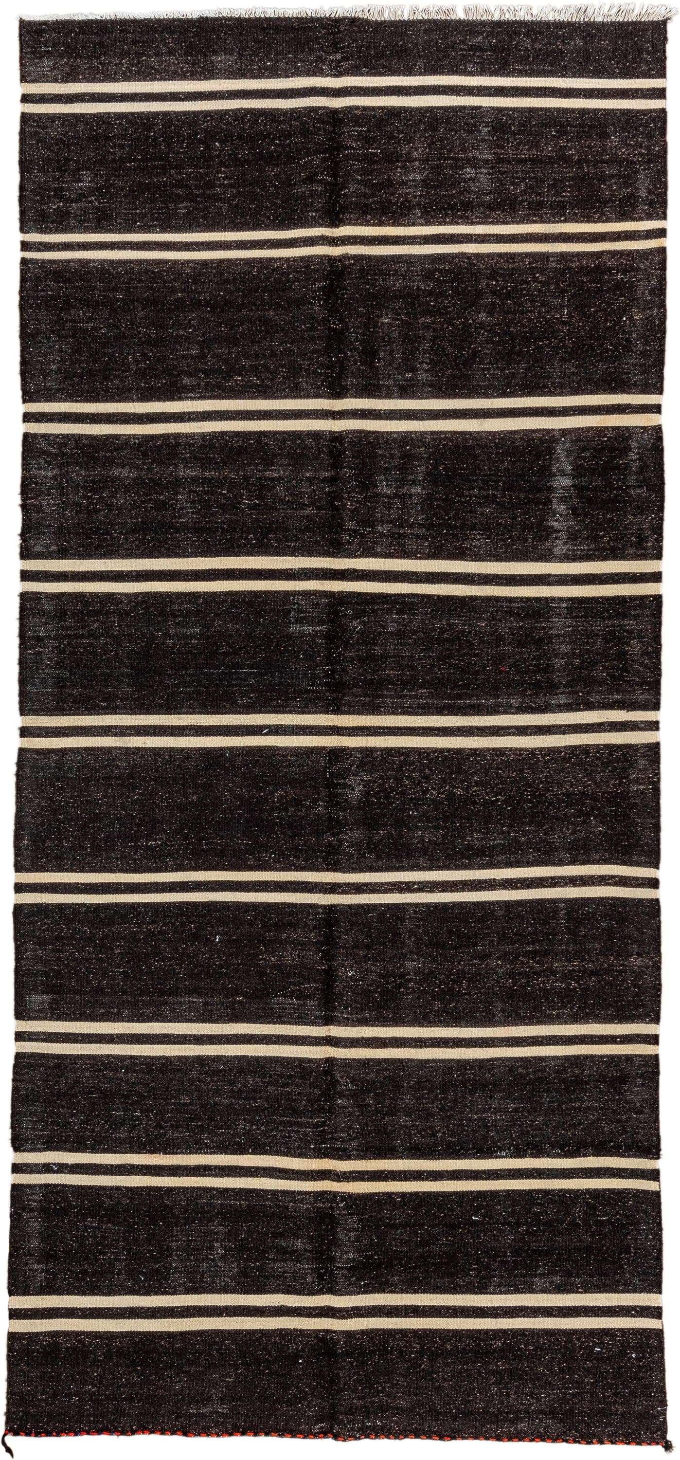 5' x 11' one-of-a-kind handmade vintage rug. Color palette: charcoal, ivory, ebony, gray, black