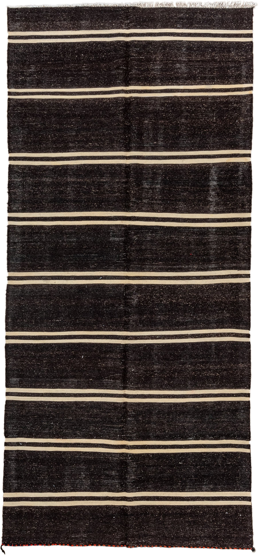 5' x 11' one-of-a-kind handmade vintage  rug. Color palette: charcoal, ivory, ebony, gray, black