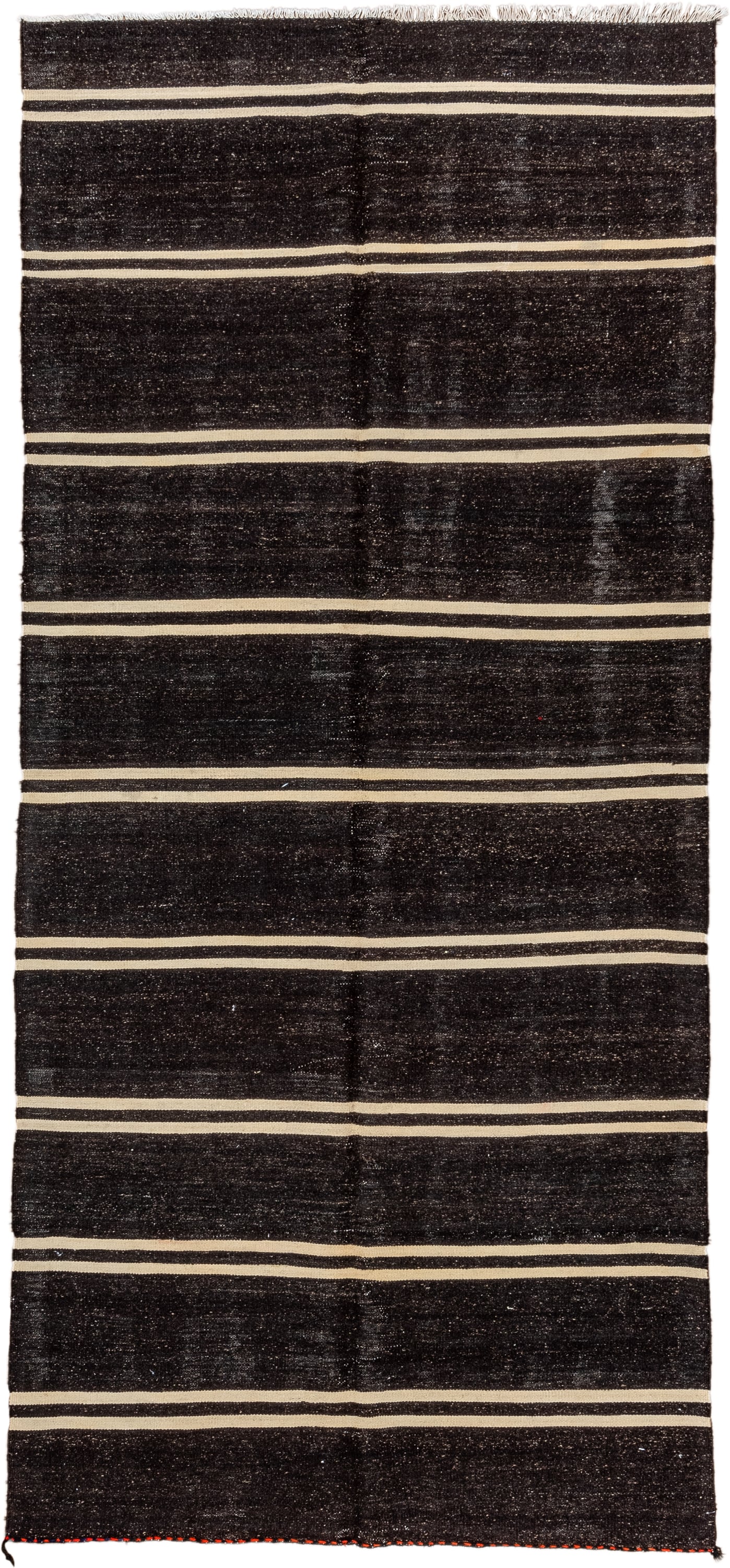 5' x 11' one-of-a-kind handmade vintage  rug. Color palette: charcoal, ivory, ebony, gray, black