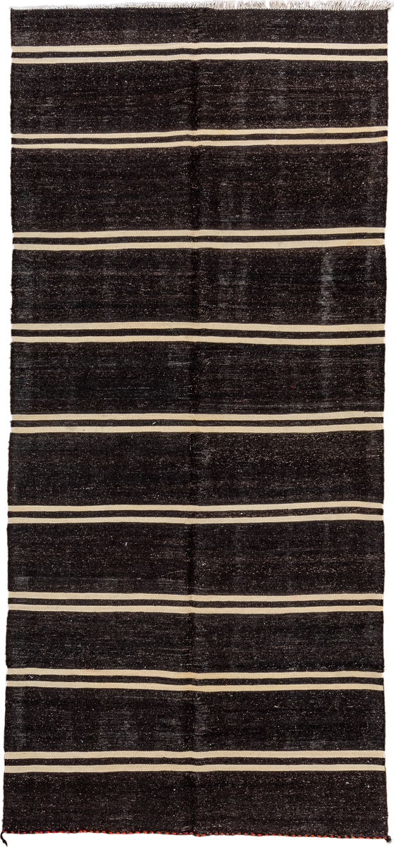 5' x 11' one-of-a-kind handmade vintage  rug. Color palette: charcoal, ivory, ebony, gray, black