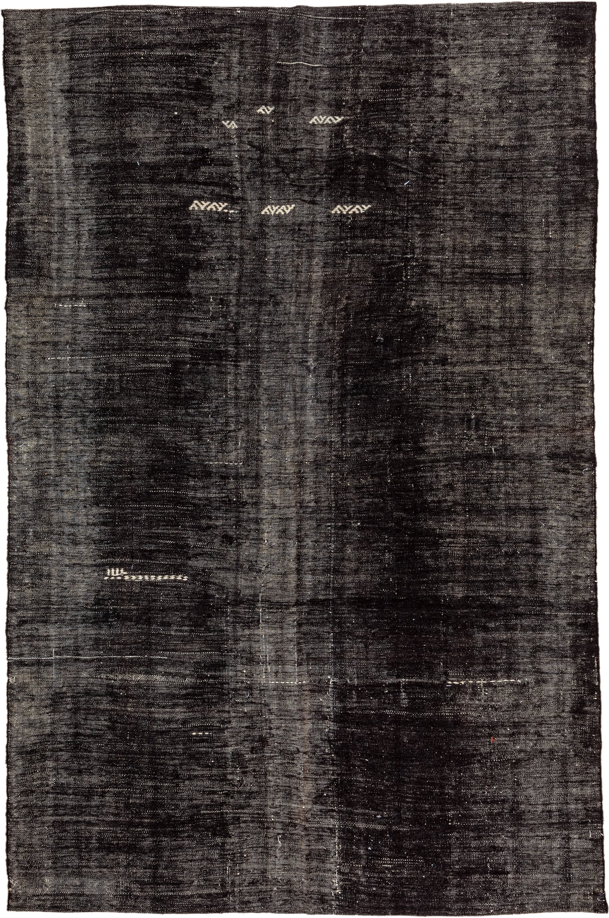 6' x 10' one-of-a-kind handmade vintage Kilim large size rug. Color palette: charcoal, slate, ivory, taupe, gray, black