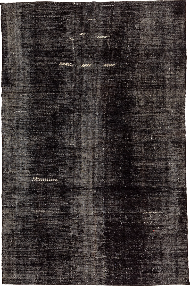 6' x 10' one-of-a-kind handmade vintage Kilim large size rug. Color palette: charcoal, slate, ivory, taupe, gray, black