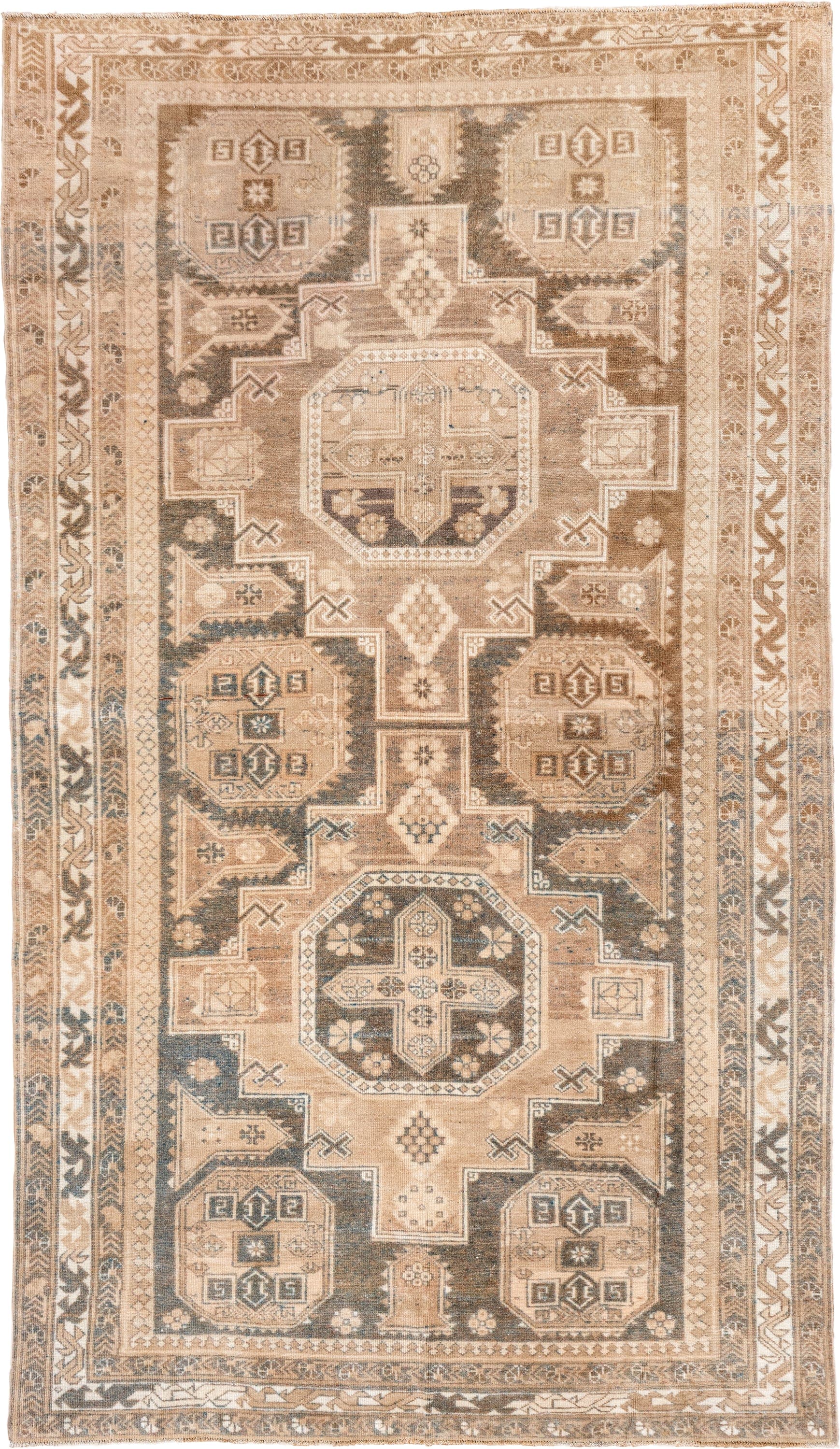 5' x 9' one-of-a-kind handmade vintage Oushak medium size rug. Color palette: camel, taupe, ivory, beige, slate, brown, gray
