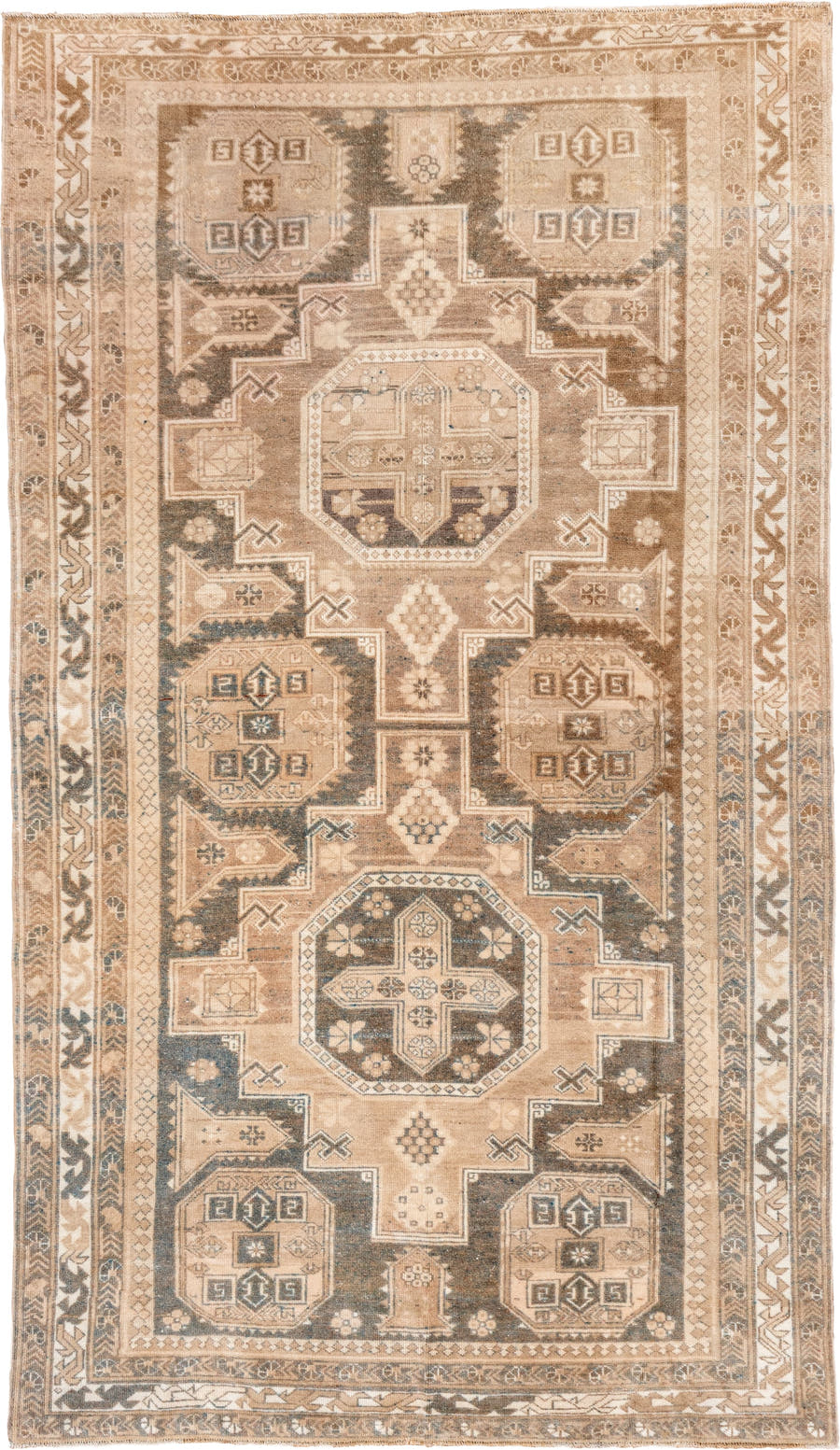 5' x 9' one-of-a-kind handmade vintage Oushak medium size rug. Color palette: camel, taupe, ivory, beige, slate, brown, gray