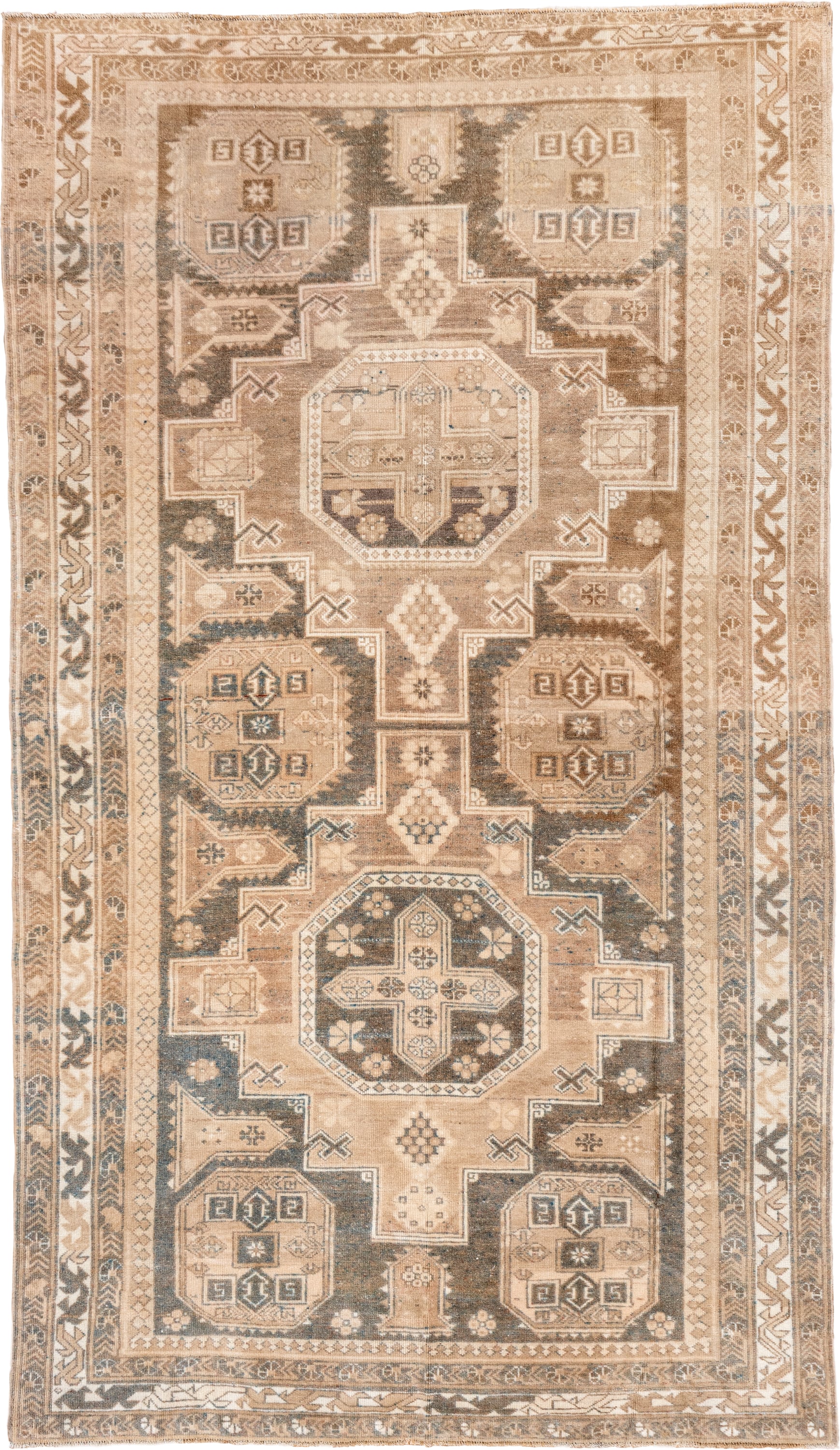 5' x 9' one-of-a-kind handmade vintage Oushak medium size rug. Color palette: camel, taupe, ivory, beige, slate, brown, gray