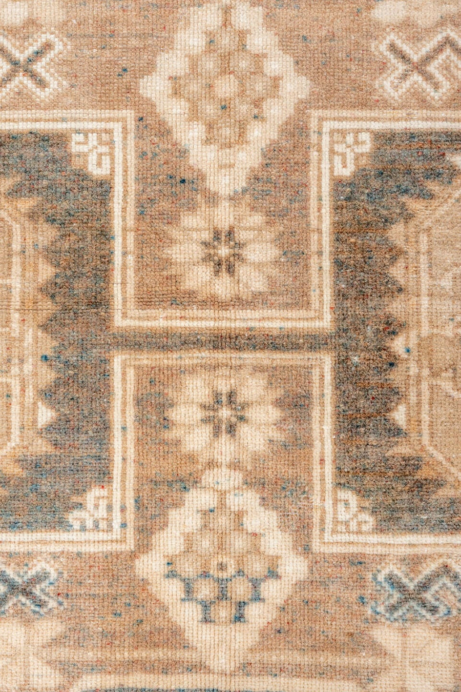 5' x 9' one-of-a-kind handmade vintage Oushak medium size rug. Color palette: camel, taupe, ivory, beige, slate, brown, gray