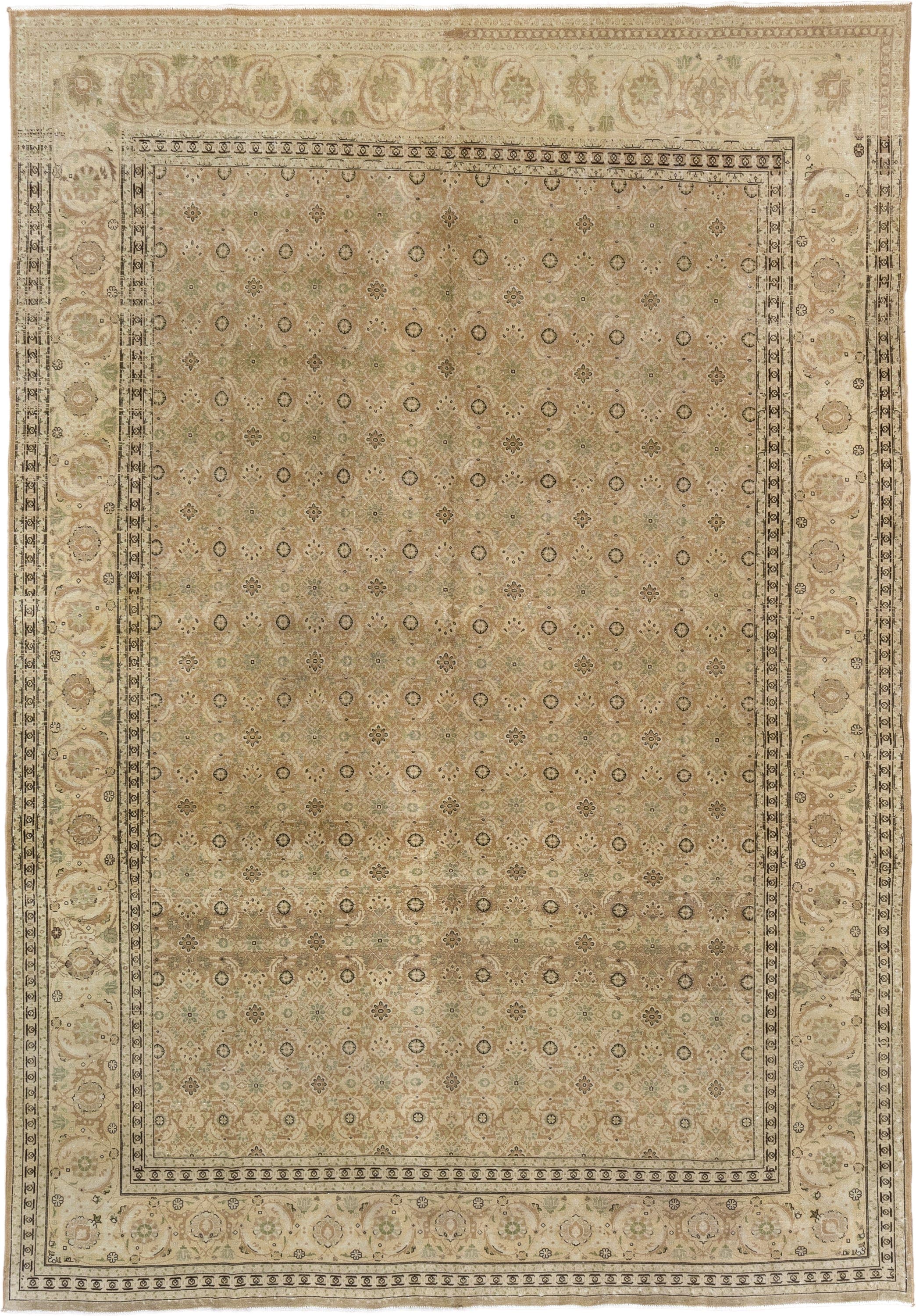 8' x 11' one-of-a-kind handmade vintage Tabriz large size rug. Color palette: beige, ivory, camel, taupe, sage, brown, gray