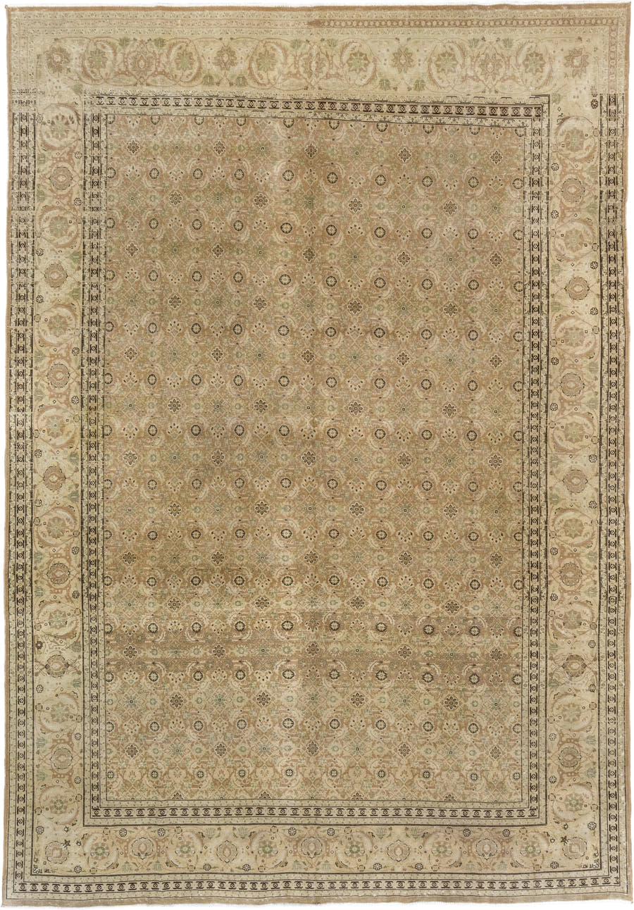 8' x 11' one-of-a-kind handmade vintage Tabriz large size rug. Color palette: beige, ivory, camel, taupe, sage, brown, gray
