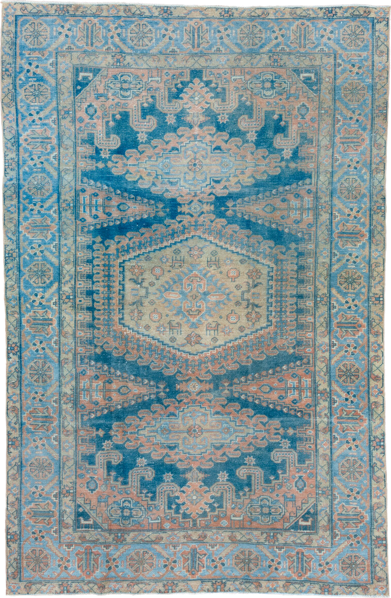 6' x 10' one-of-a-kind handmade vintage Veece large size rug. Color palette: blue, ivory, peach, sky_blue, beige, taupe