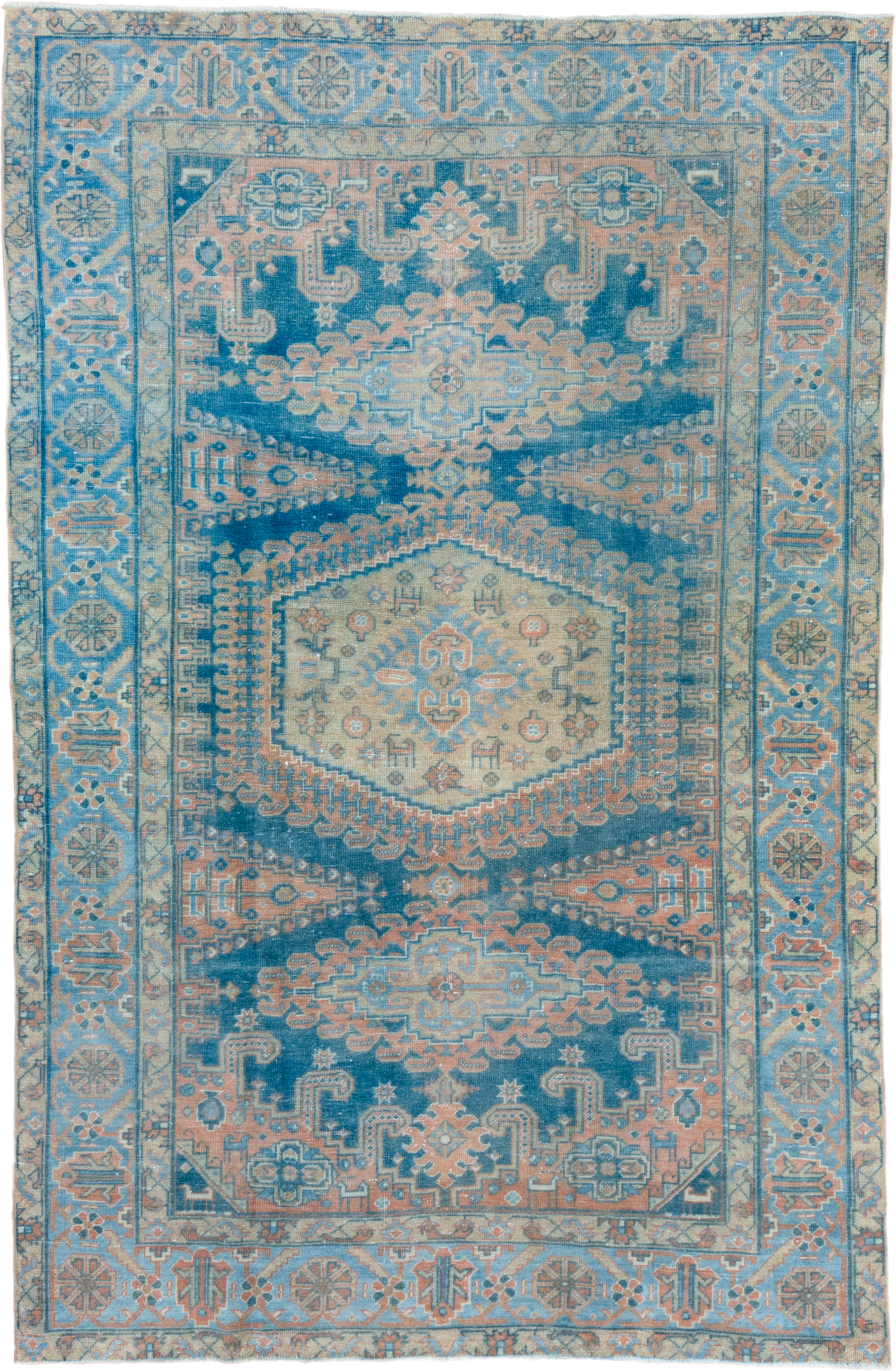 6' x 10' one-of-a-kind handmade vintage Veece large size rug. Color palette: blue, ivory, peach, sky_blue, beige, taupe