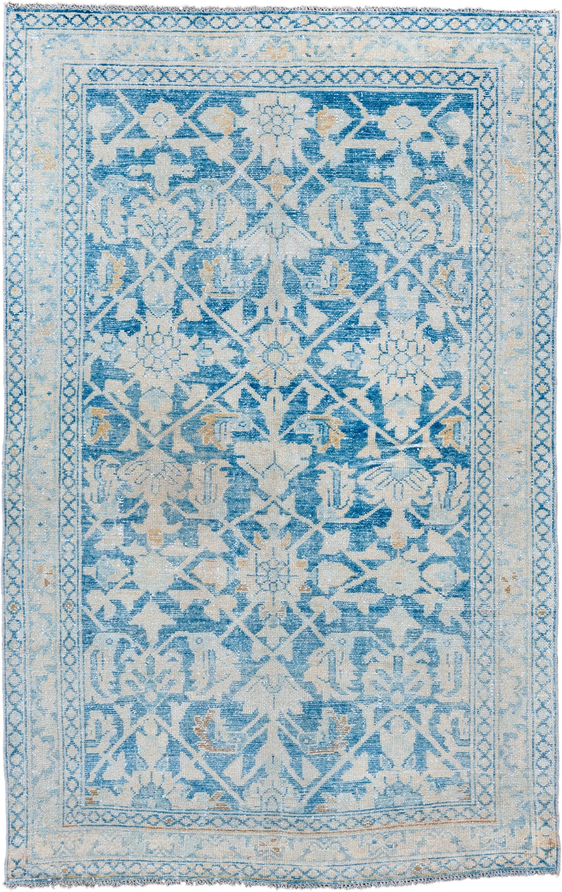 4' x 6' one-of-a-kind handmade vintage Malayer small size rug. Color palette: ivory, sky blue, pale blue, beige, camel