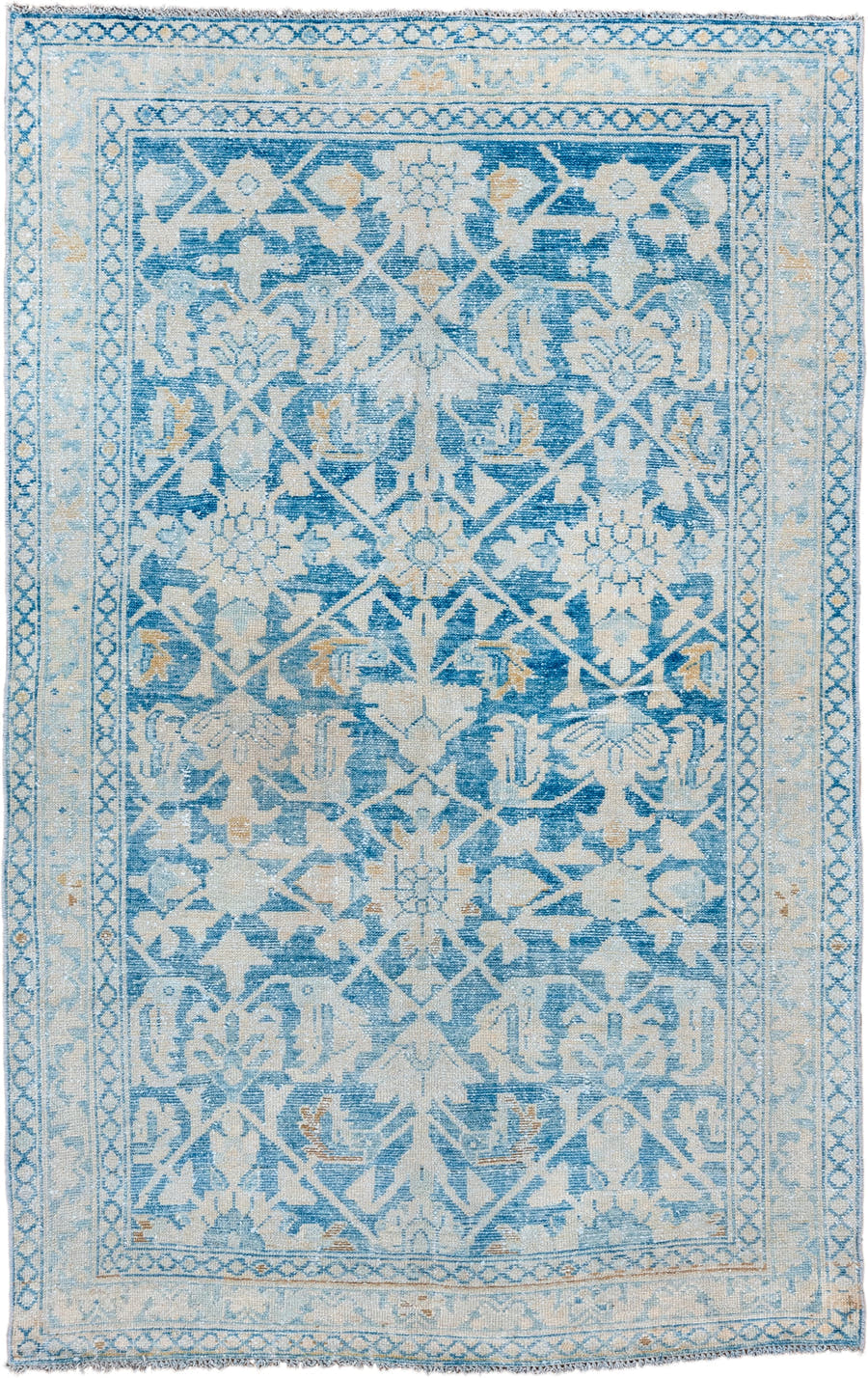 4' x 6' one-of-a-kind handmade vintage Malayer small size rug. Color palette: ivory, sky blue, pale blue, beige, camel