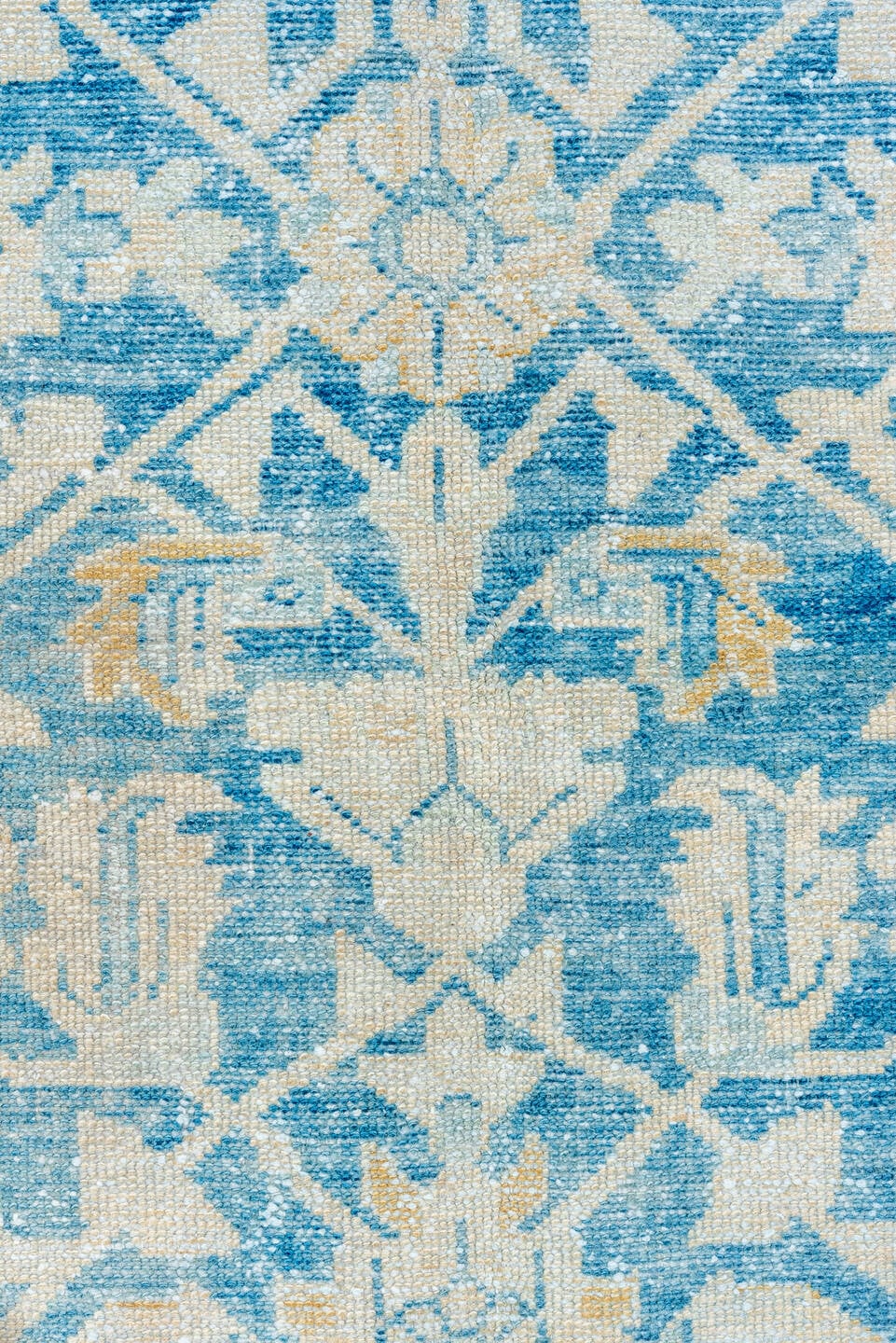 4' x 6' one-of-a-kind handmade vintage Malayer small size rug. Color palette: ivory, sky blue, pale blue, beige, camel