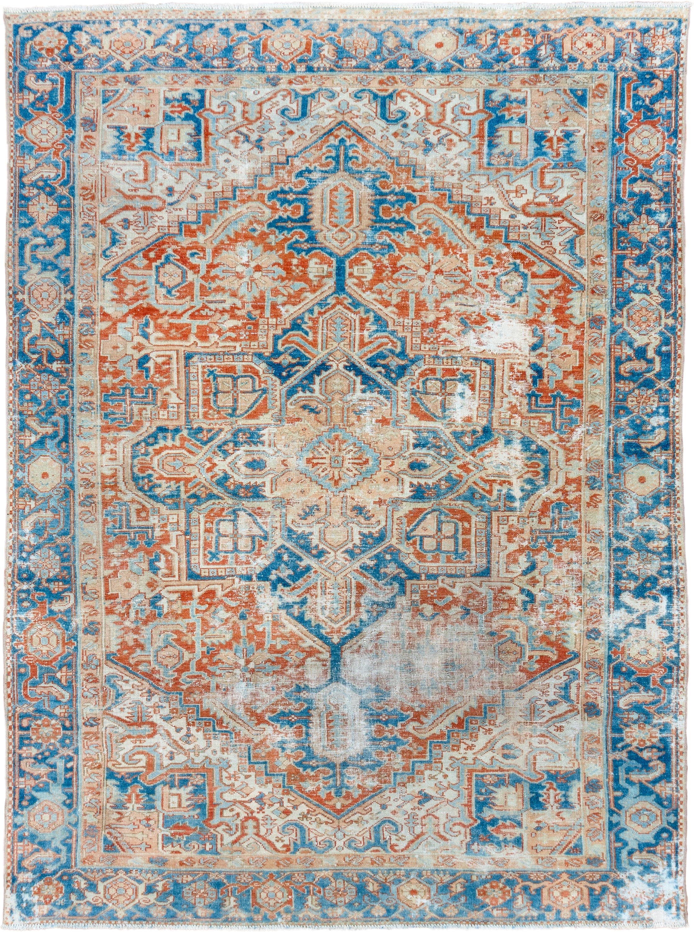 7' x 10' one-of-a-kind handmade vintage Heriz large size rug. Color palette: ivory, sky blue, rust, camel, terracotta