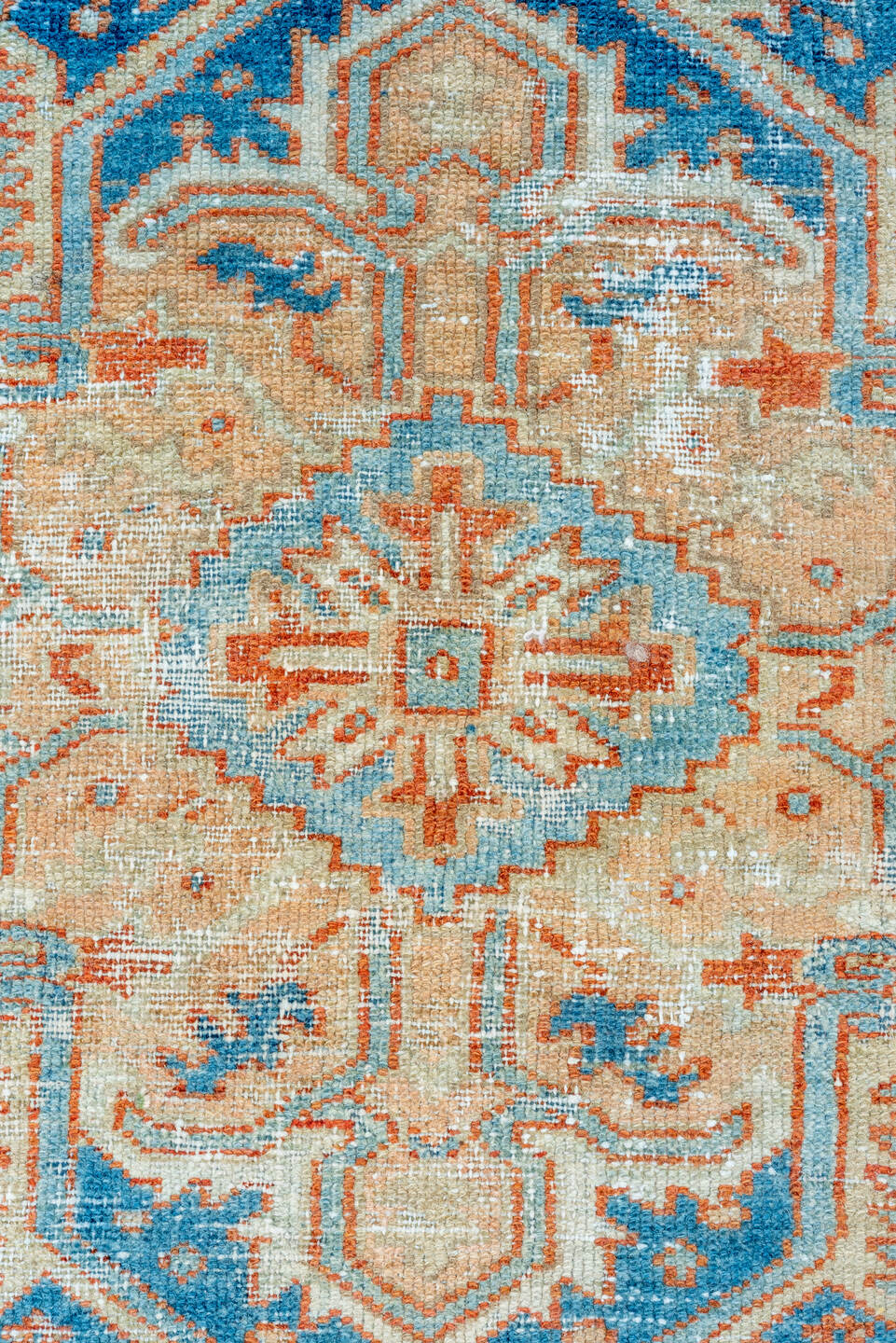 7' x 10' one-of-a-kind handmade vintage Heriz large size rug. Color palette: ivory, sky blue, rust, camel, terracotta