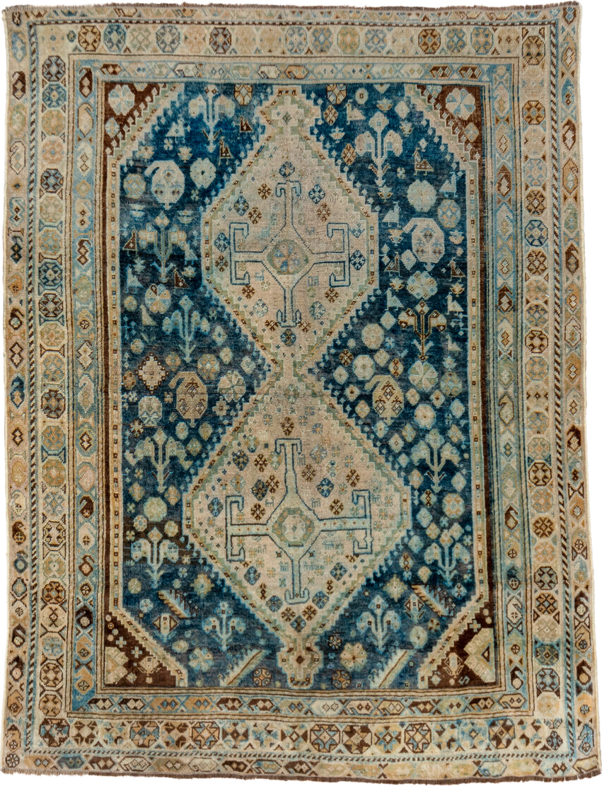 4' x 5' one-of-a-kind handmade vintage Shiraz small size rug. Color palette: blue, ivory, camel, brown, sky blue, taupe